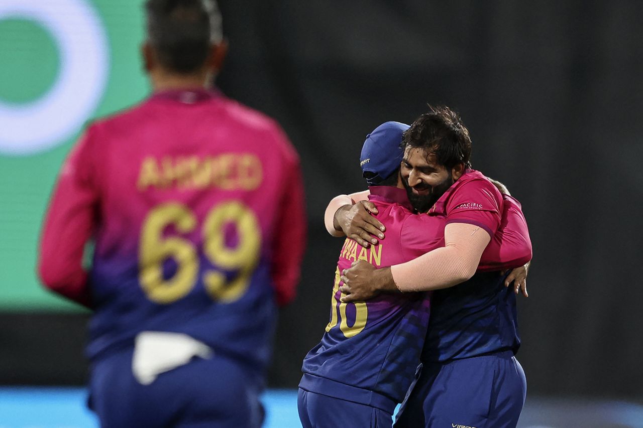 Muhammad Waseem gets a hug from his captain, Namibia vs UAE, T20 World Cup 2022, Geelong, October 20, 2022