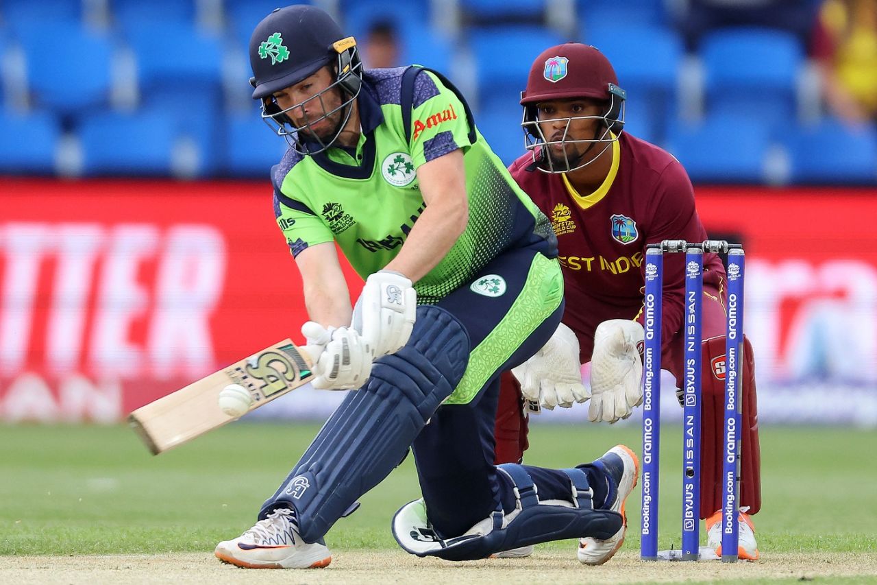 Andy Balbirnie shapes to sweep,  Ireland vs West Indies, ICC Men's T20 World Cup, Hobart, October 21, 2022