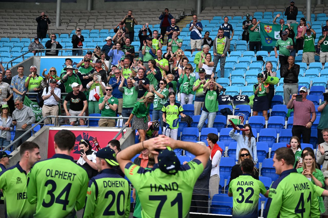 Ireland fans celebrate with the players after Ireland's win over West Indies, Ireland vs West Indies, T20 World Cup, Hobart, October 21, 2022