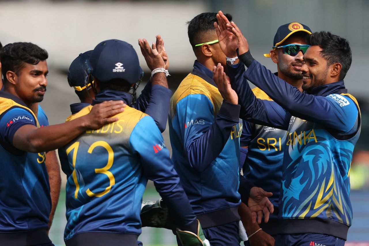 Dhananjaya de Silva celebrates Paul Stirling's dismissal, Ireland v Sri Lanka, T20 World Cup 2022, Hobart, October 23, 2022
