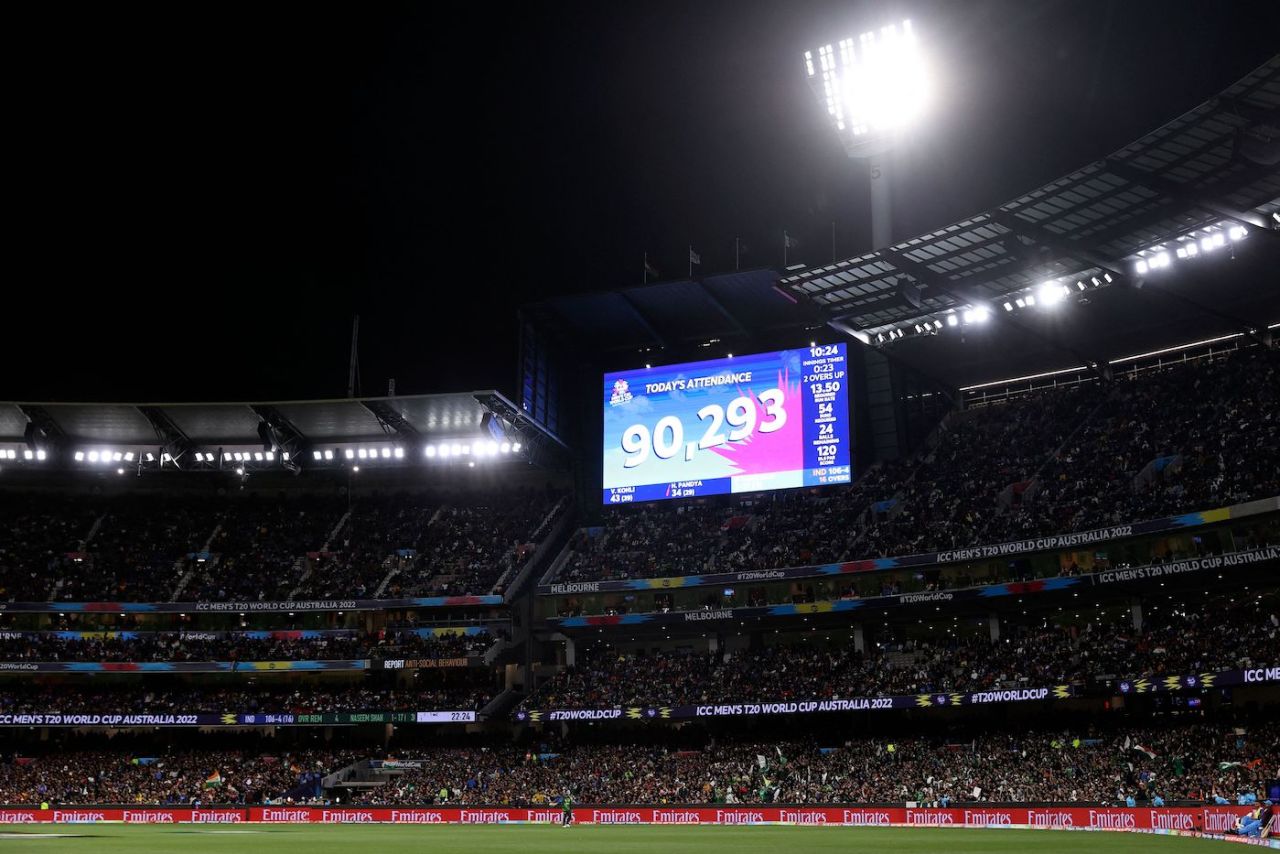 90,293 - the official attendance at the MCG, India vs Pakistan, Men's T20 World Cup 2022, Super 12s, MCG, October 23, 2022