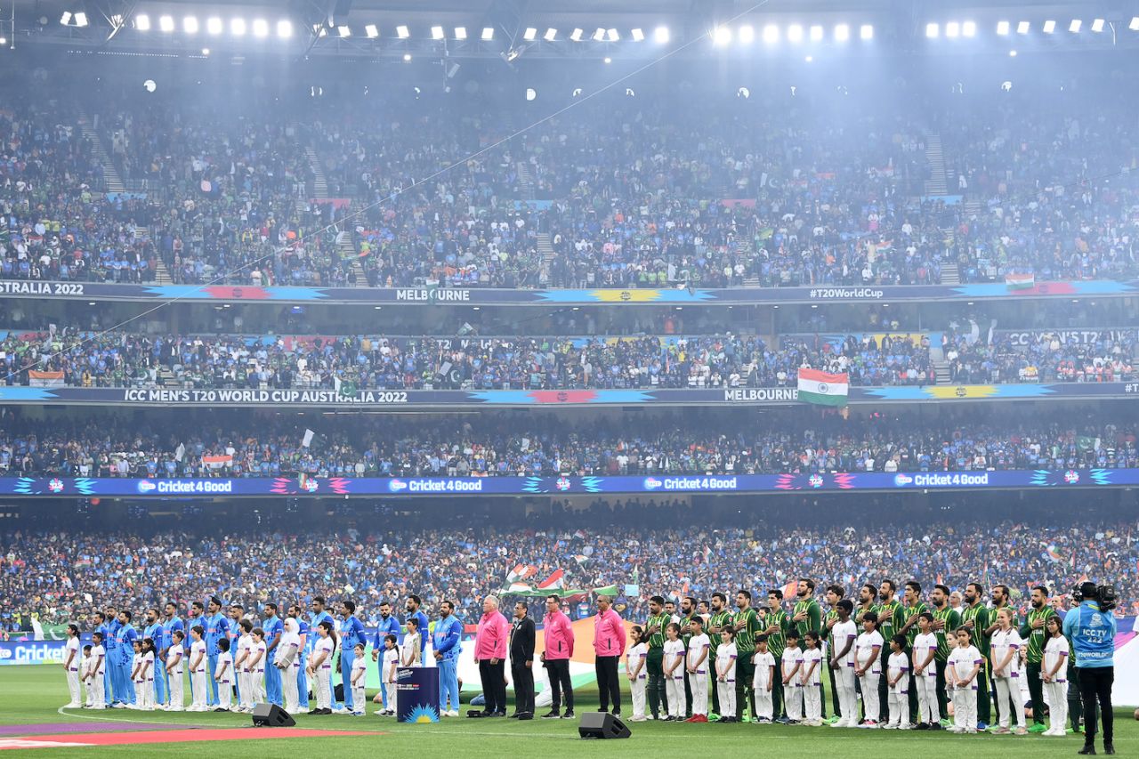 India and Pakistan line up for the national anthems at a packed MCG, India vs Pakistan, Men's T20 World Cup 2022, Super 12s, MCG, October 23, 2022
