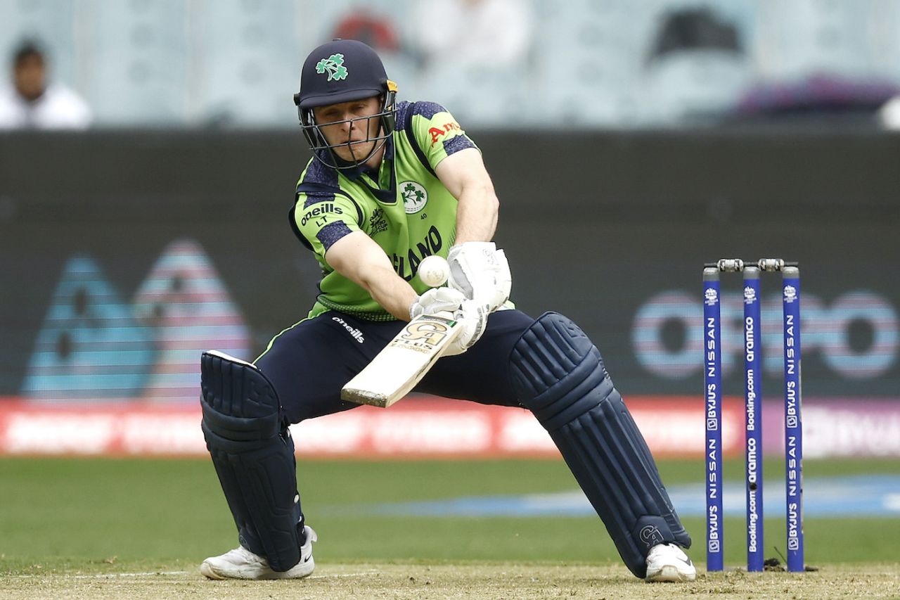 Lorcan Tucker plays an innovative scoop, England vs Ireland, ICC Men's T20 World Cup 2022, Melbourne, October 26, 2022
