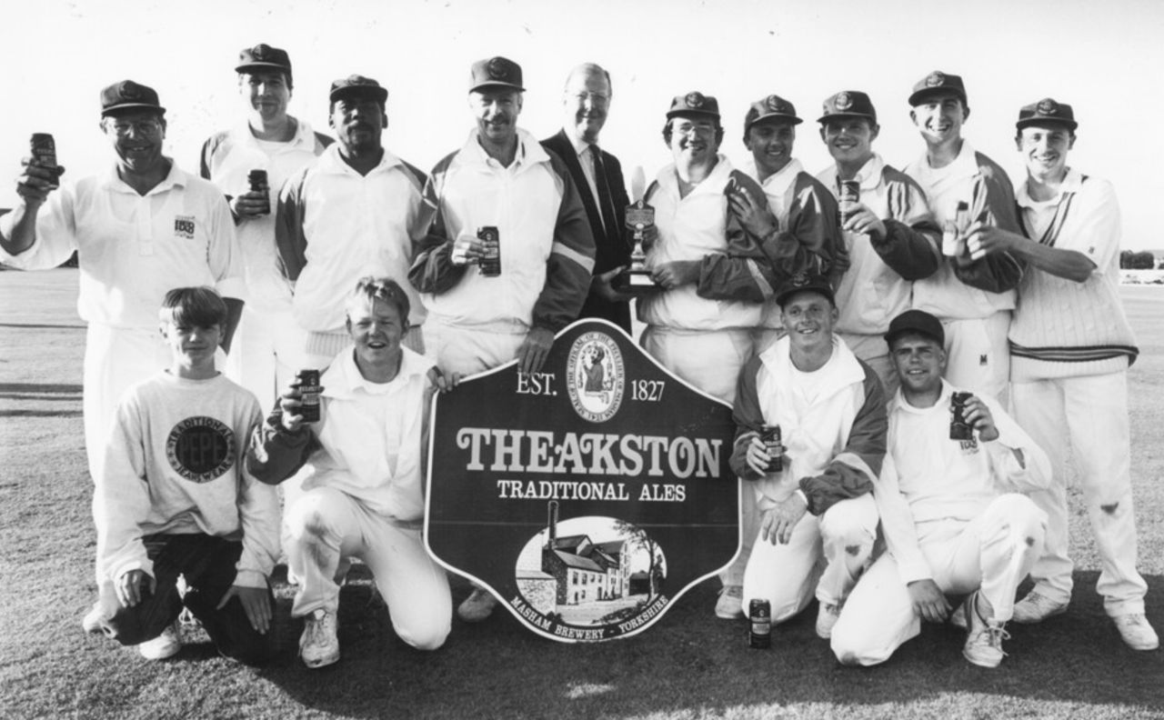 Gordon Greenidge and his team-mates at Leyland CC celebrate the Matthew Brown Cup victory, 1993