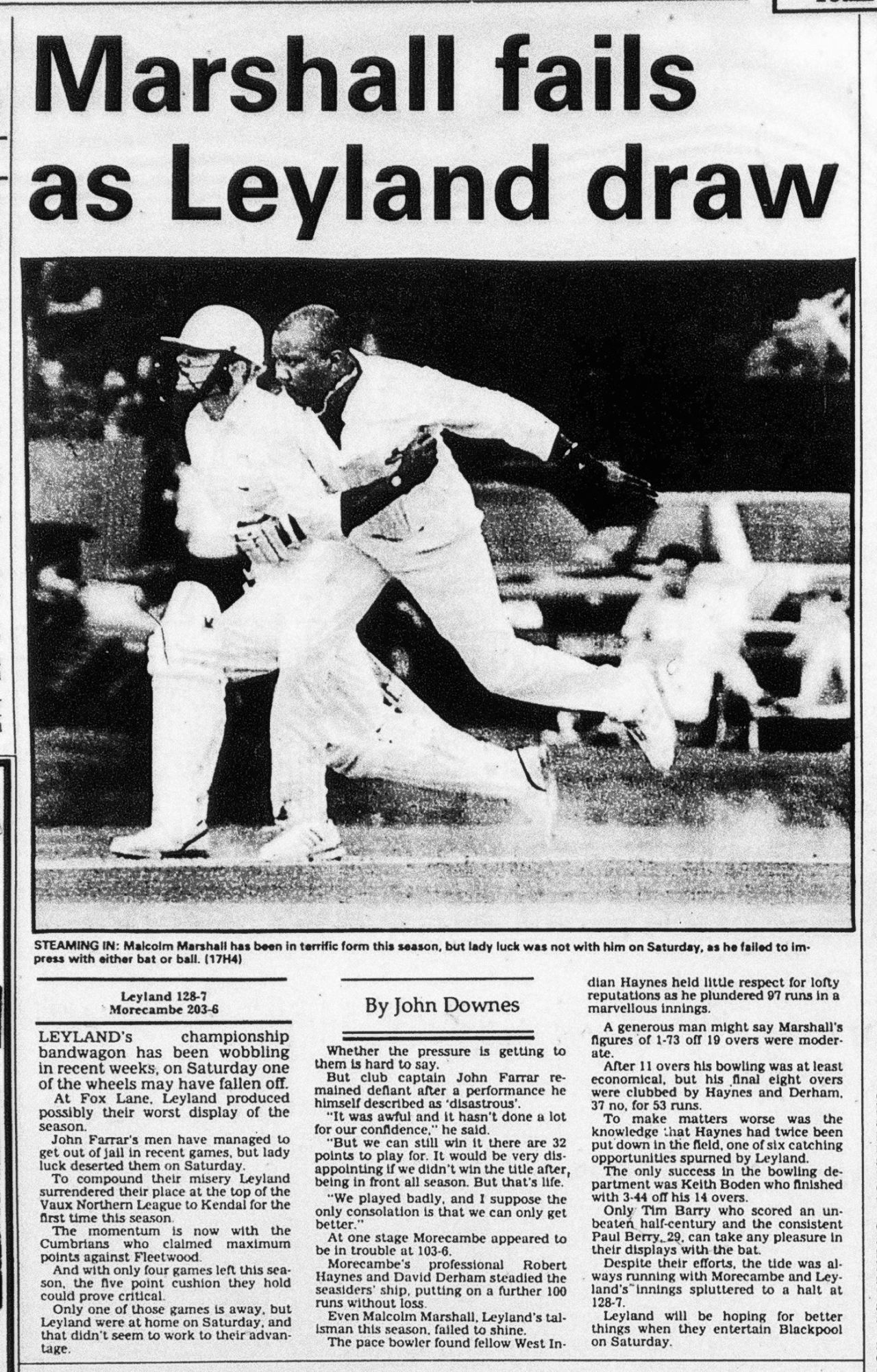 A newspaper article on Malcolm Marshall's season with Leyland CC, 1994