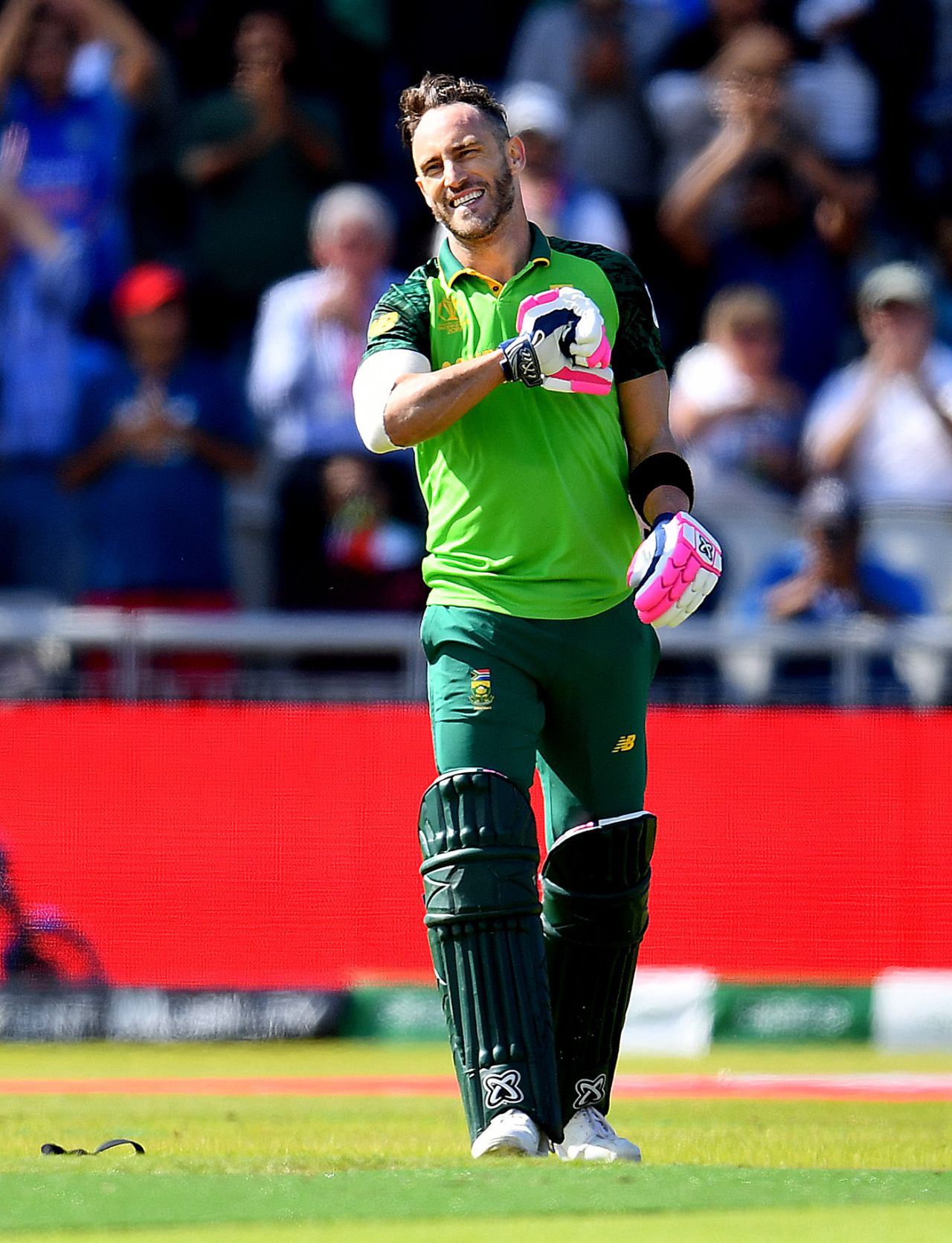 Faf du Plessis smiles after getting to his hundred, Australia v South Africa, World Cup 2019, Old Trafford, July 6, 2019