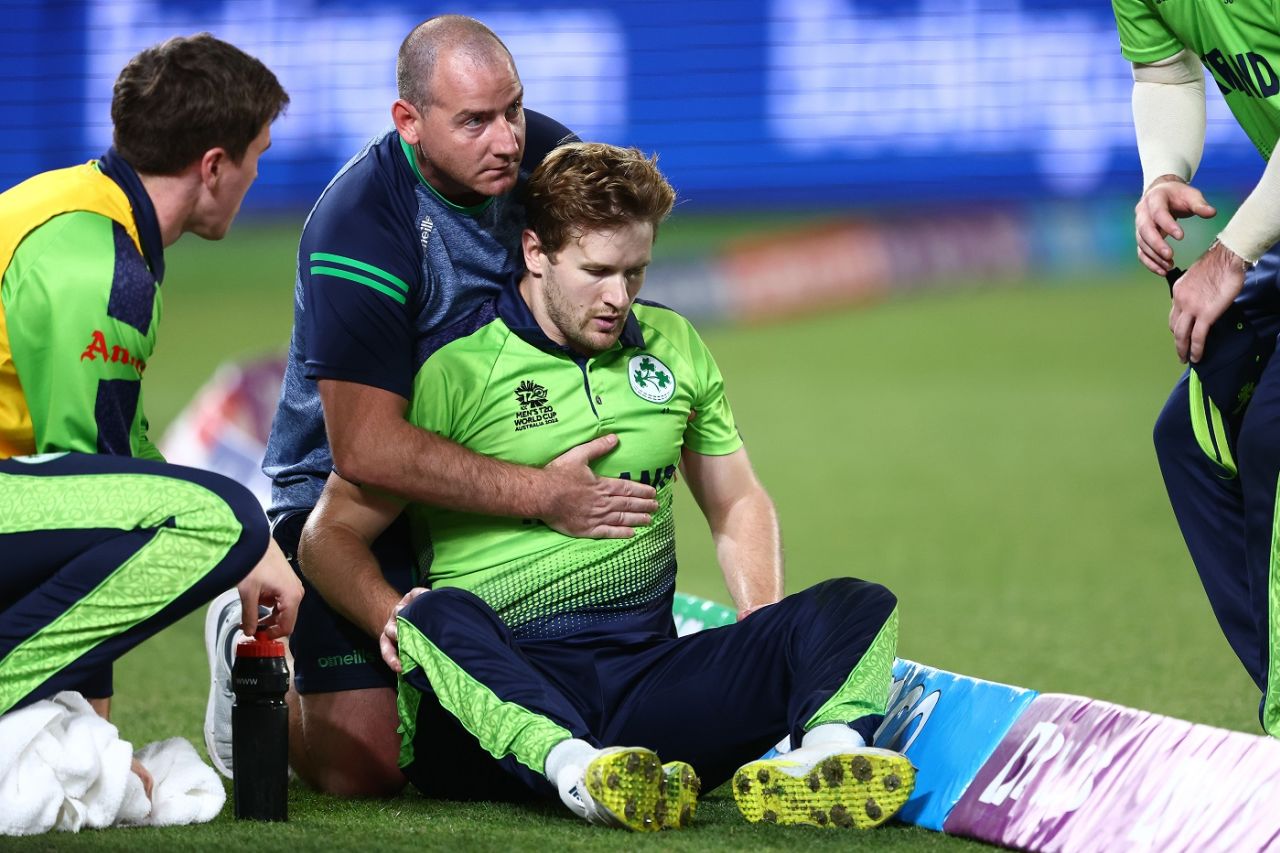 Barry McCarthy receives medical treatment after an incredible save at the boundary, Australia vs Ireland, Brisbane, Men's T20 World Cup 2022, October 31, 2022