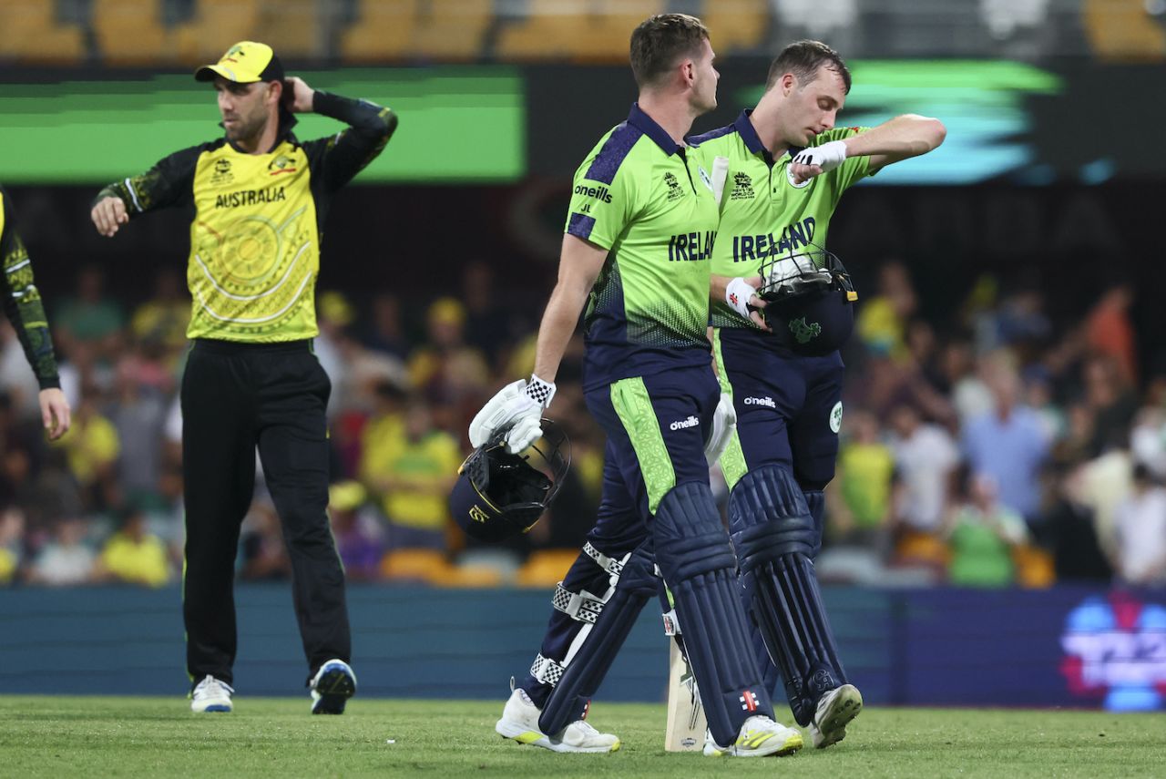 Lorcan Tucker walks back after carrying Ireland's innings, Australia vs Ireland, ICC Men's T20 World Cup 2022, Brisbane, October 31, 2022