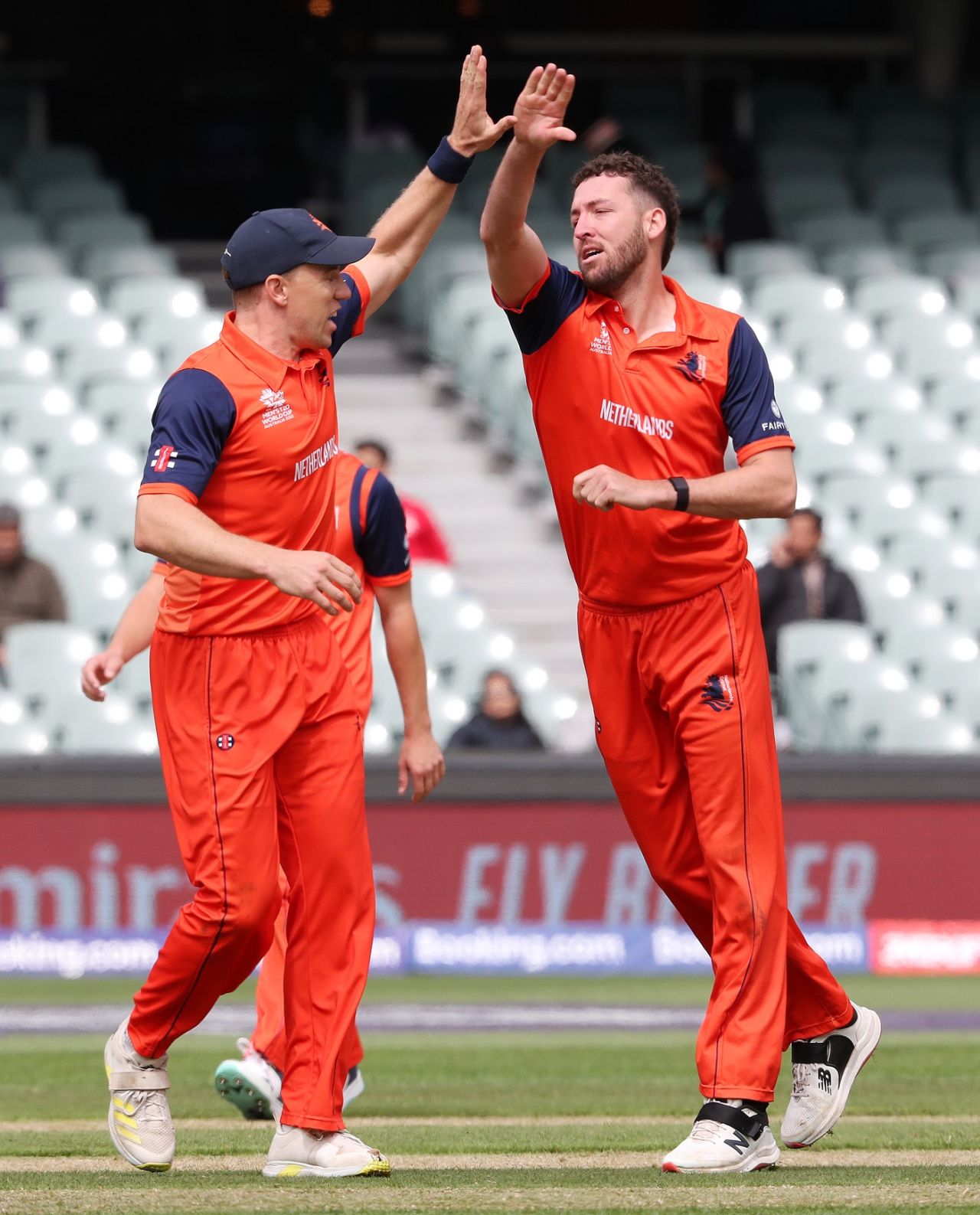 Paul van Meekeren celebrates with Logan van Beek the dismissal of Sean Williams , Netherlands vs Zimbabwe, Men's T20 World Cup 2022, Group 2, Adelaide, November 2, 2022