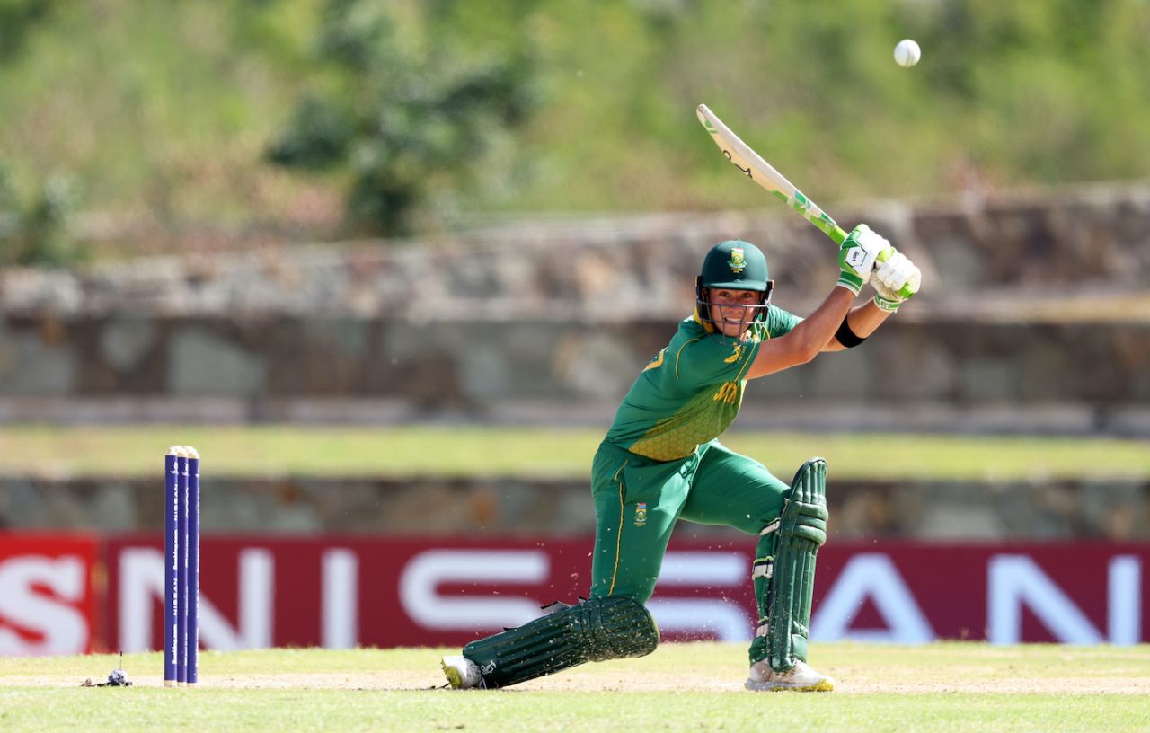 Dewald Brevis plays a shot, England vs South Africa, Under-19 World Cup 2022, Antigua, January 26, 2022 