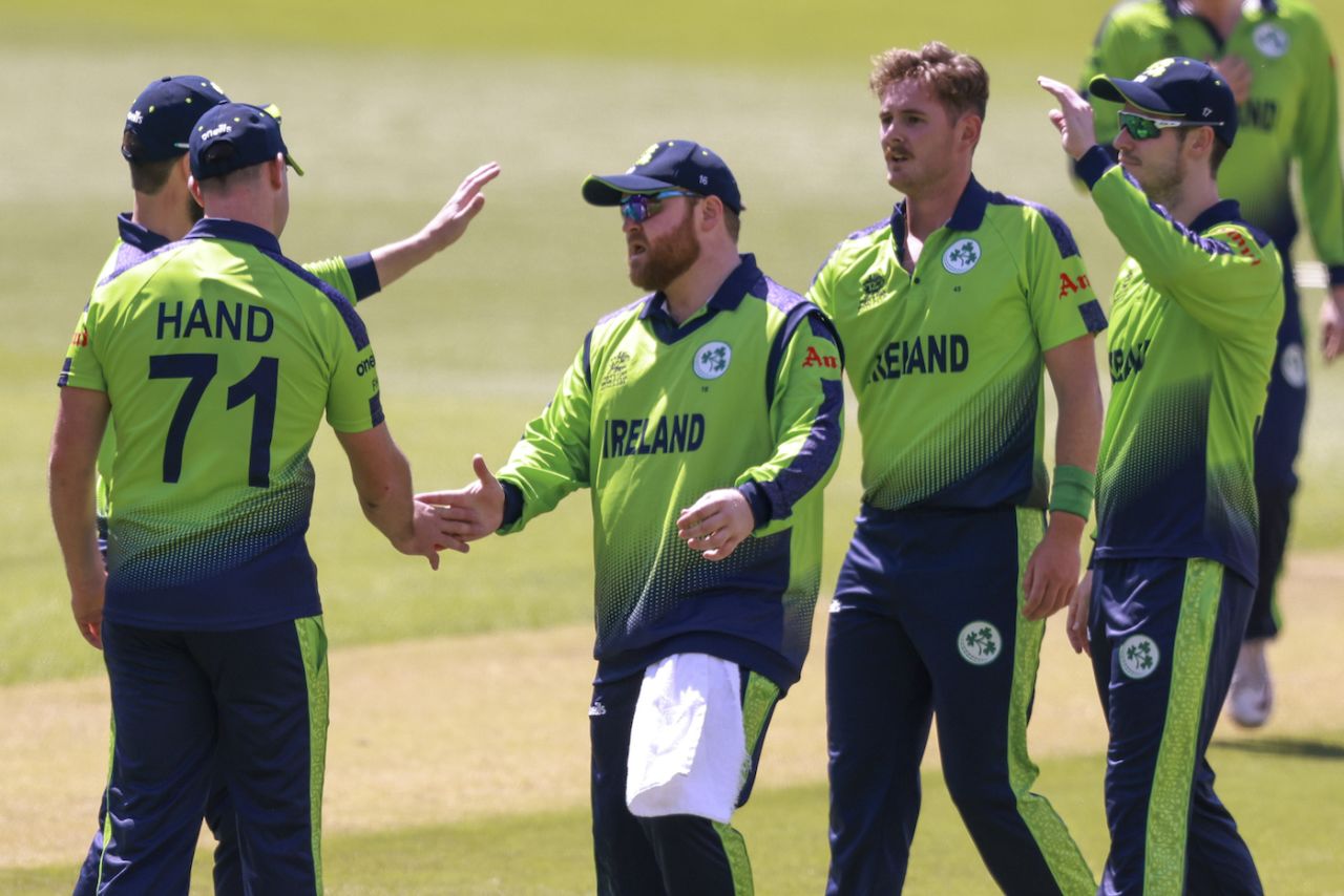Mark Adair celebrates along with team-mates after dismissing Finn Allen, Ireland vs New Zealand, ICC Men's T20 World Cup 2022, Adelaide, November 4, 2022