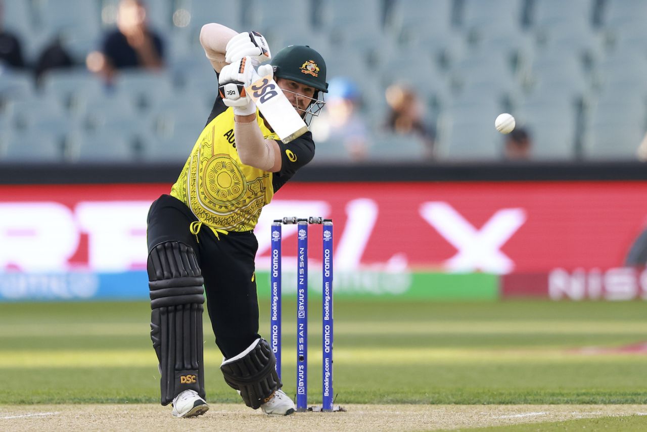 David Warner plays the cover drive, Afghanistan vs Australia, ICC Men's T20 World Cup 2022, Adelaide, November 4, 2022