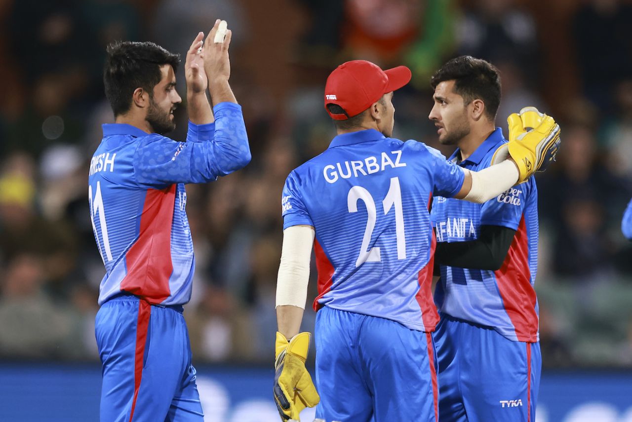 Fazalhaq Farooqi is congratulated after knocking over Matthew Wade, Afghanistan vs Australia, ICC Men's T20 World Cup 2022, Adelaide, November 4, 2022