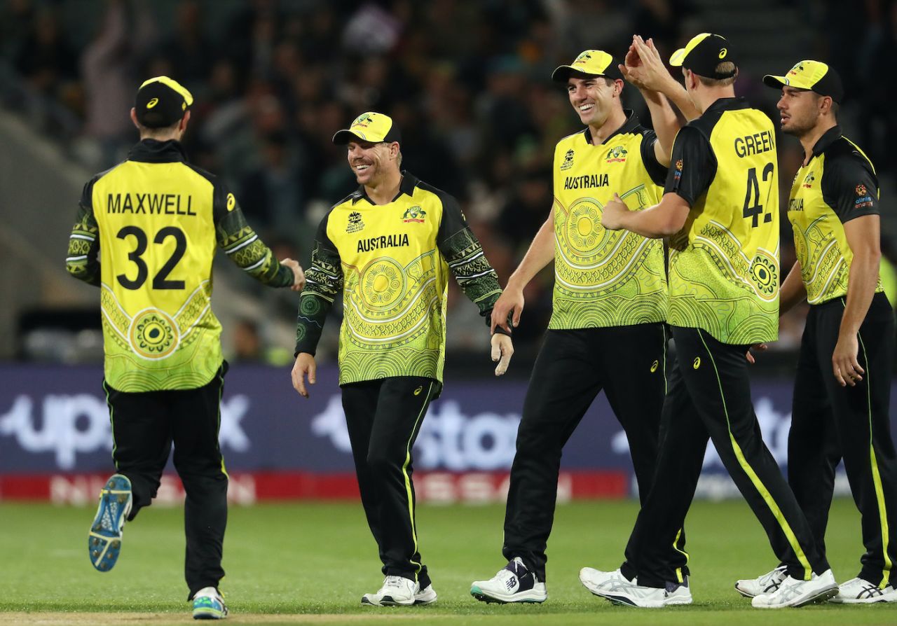 Australia's players celebrate after Usman Ghani's wicket fell, Afghanistan vs Australia, ICC Men's T20 World Cup 2022, Adelaide, November 4, 2022
