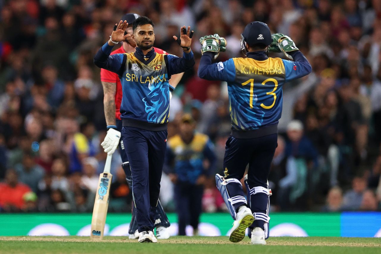 Dhananjaya de Silva celebrates after dismissing Harry Brook, England vs Sri Lanka, ICC Men's T20 World Cup 2022, Sydney, November 5, 2022