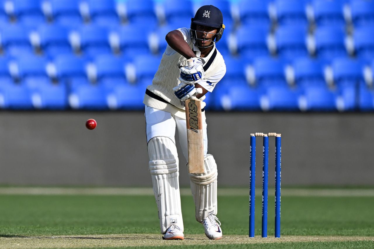 Ashley Chandrasinghe gets behind the ball, Tasmania vs Victoria, Sheffield Shield, Hobart, October 29, 2022