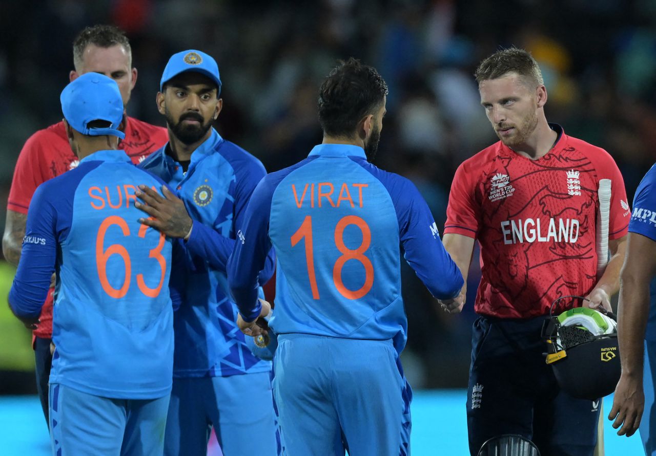Jos Buttler and Virat Kohli greet each other after the match, England vs India, T20 World Cup semi-final, Adelaide, November 10, 2022