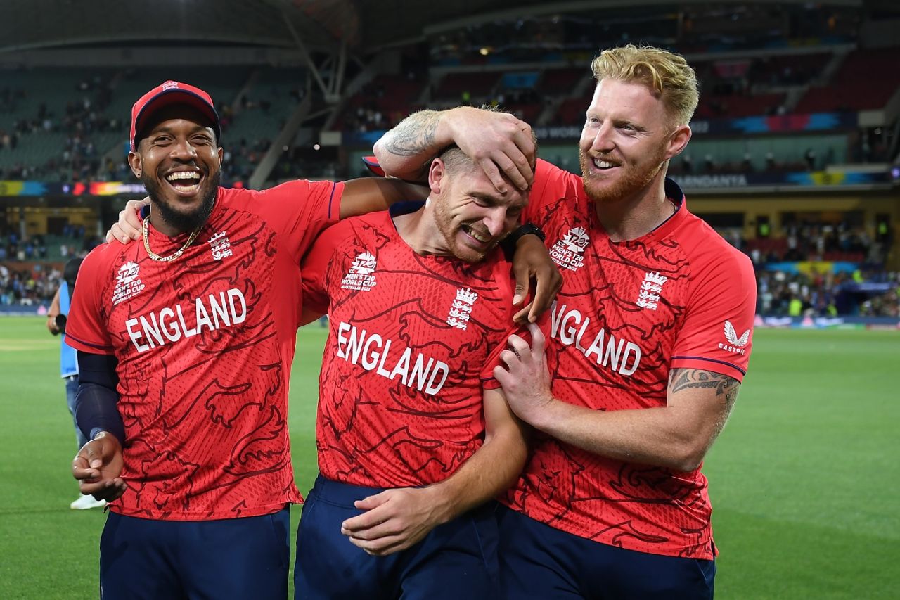 All smiles - Jos Buttler, Chris Jordan and Ben Stokes after thumping India by ten wickets, England vs India, Men's T20 World Cup 2022, 2nd semi-final, Adelaide, November 10, 2022