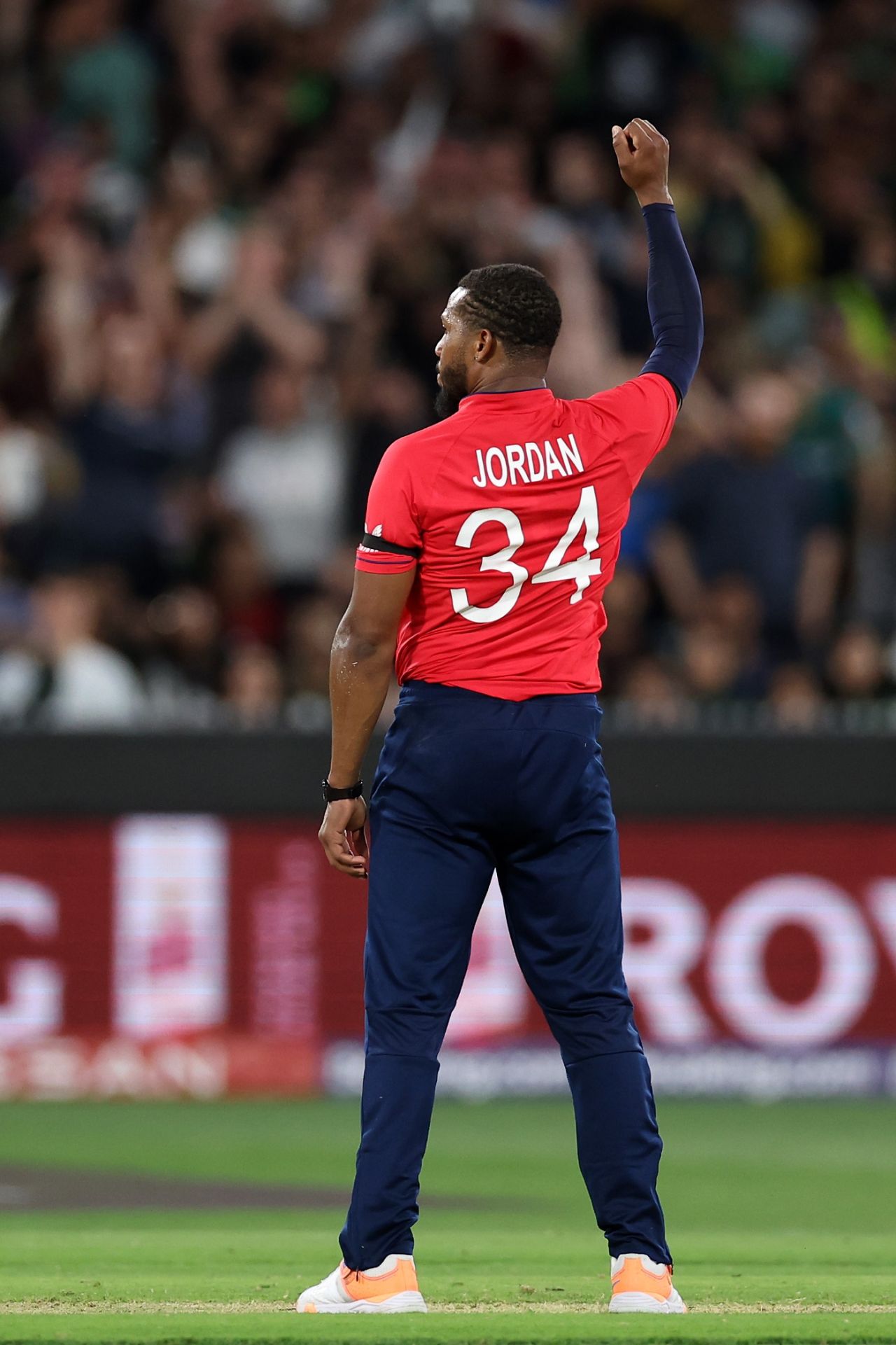 Chris Jordan celebrates after outfoxing a batter, England vs Pakistan, Men's T20 World Cup 2022, Final, Melbourne, November 13, 2022