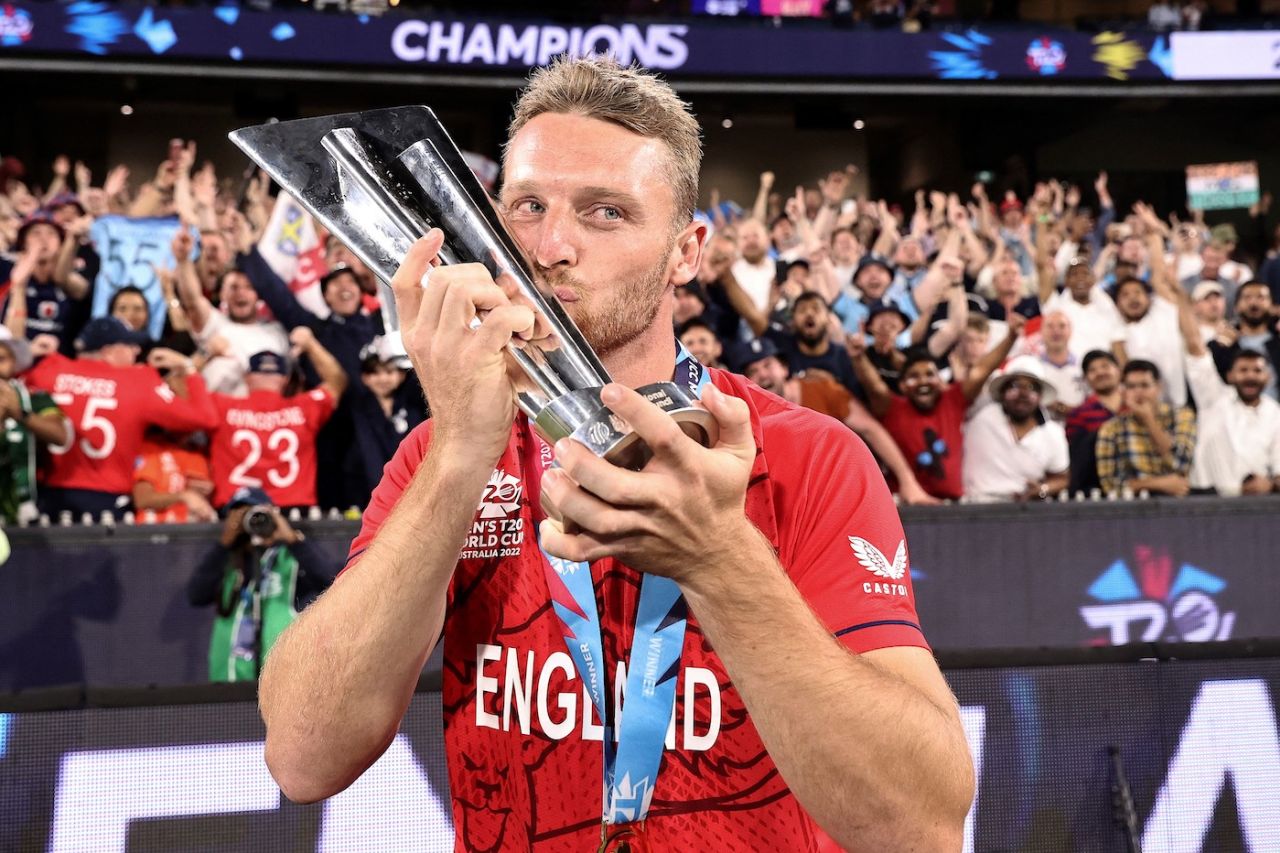 That winning feeling - Jos Buttler kisses the trophy after leading England to victory in his first World Cup as captain, England vs Pakistan, T20 World Cup, final, November 13, 2022