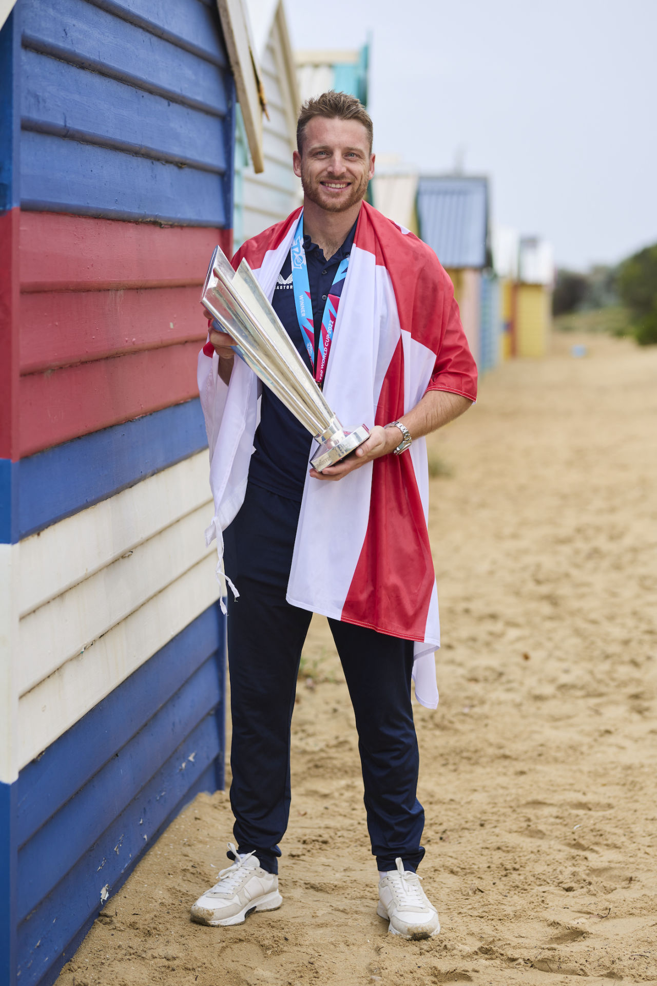 Jos Buttler at Brighton Beach the day after England won the T20 World Cup trophy, Melbourne, November 14, 2022