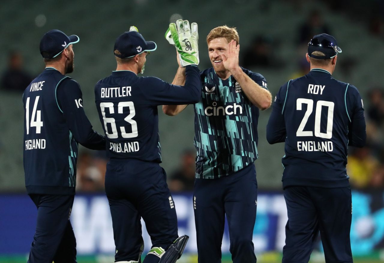 David Willey celebrates the wicket of Marnus Labuschagne, Australia vs England, 1st ODI, Adelaide, November 17, 2022