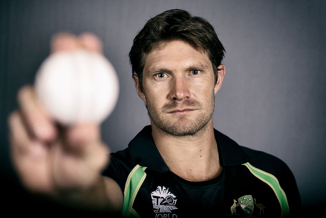 Shane Watson poses with a ball during Australia's portrait session, Kolkata, March 12, 2016