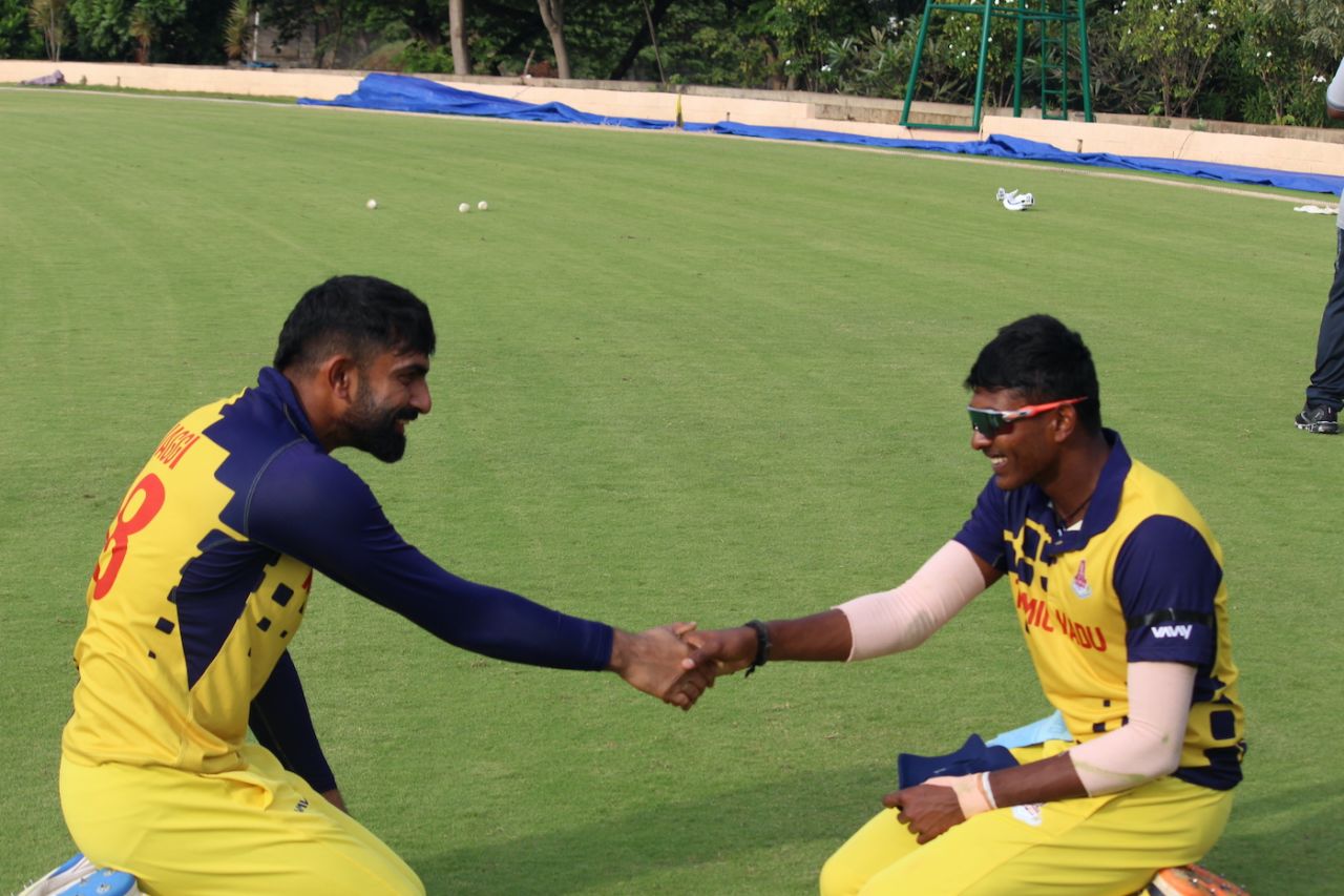 Narayan Jagadeesan and Sai Sudharsan were a happy opening pair following their 151-run stand, Haryana vs Tamil Nadu, Alur, Vijay Hazare Trophy, November 19, 2022