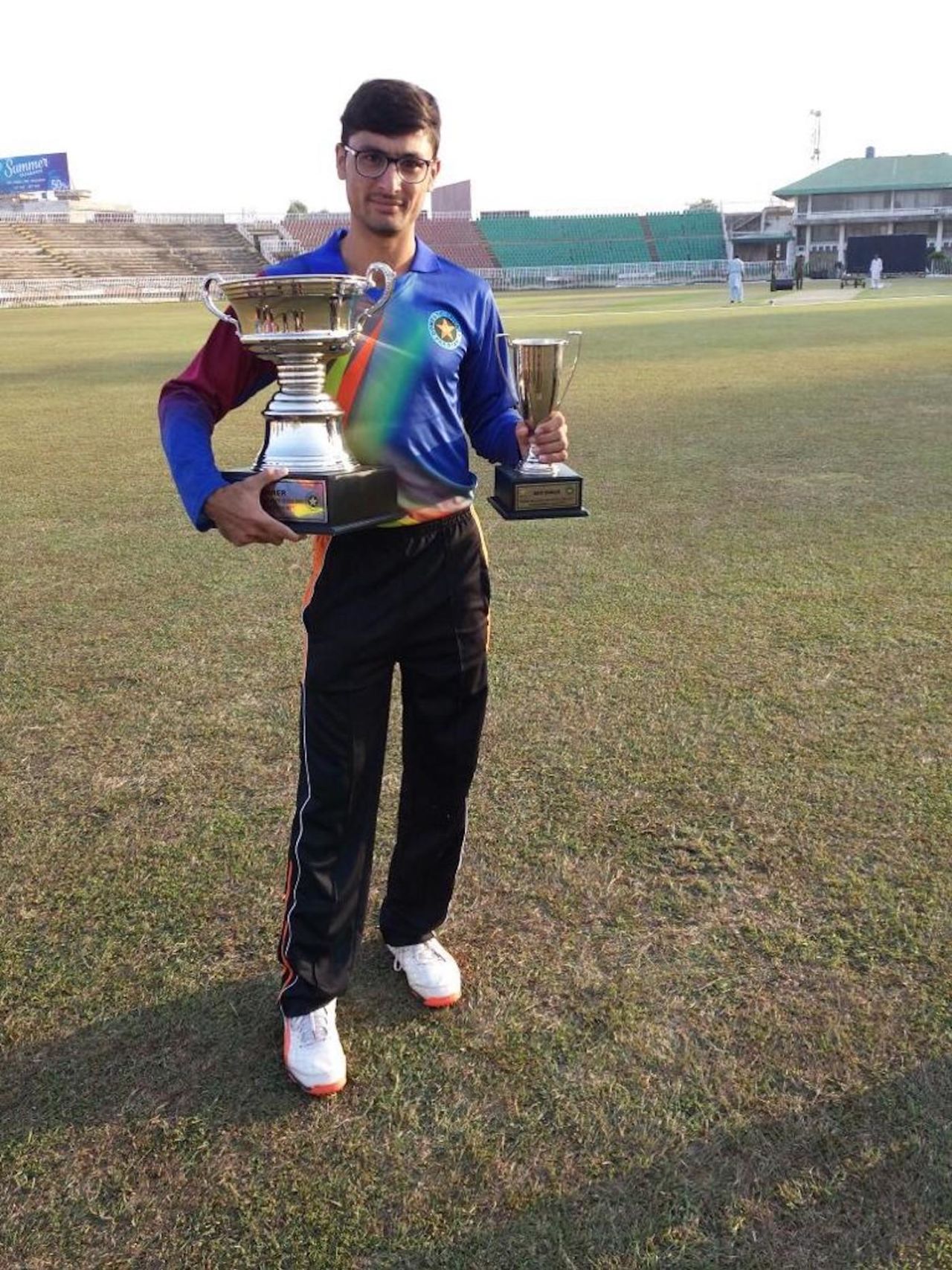 Abrar Ahmed with his awards at the National Under-19 Cup 2016-17