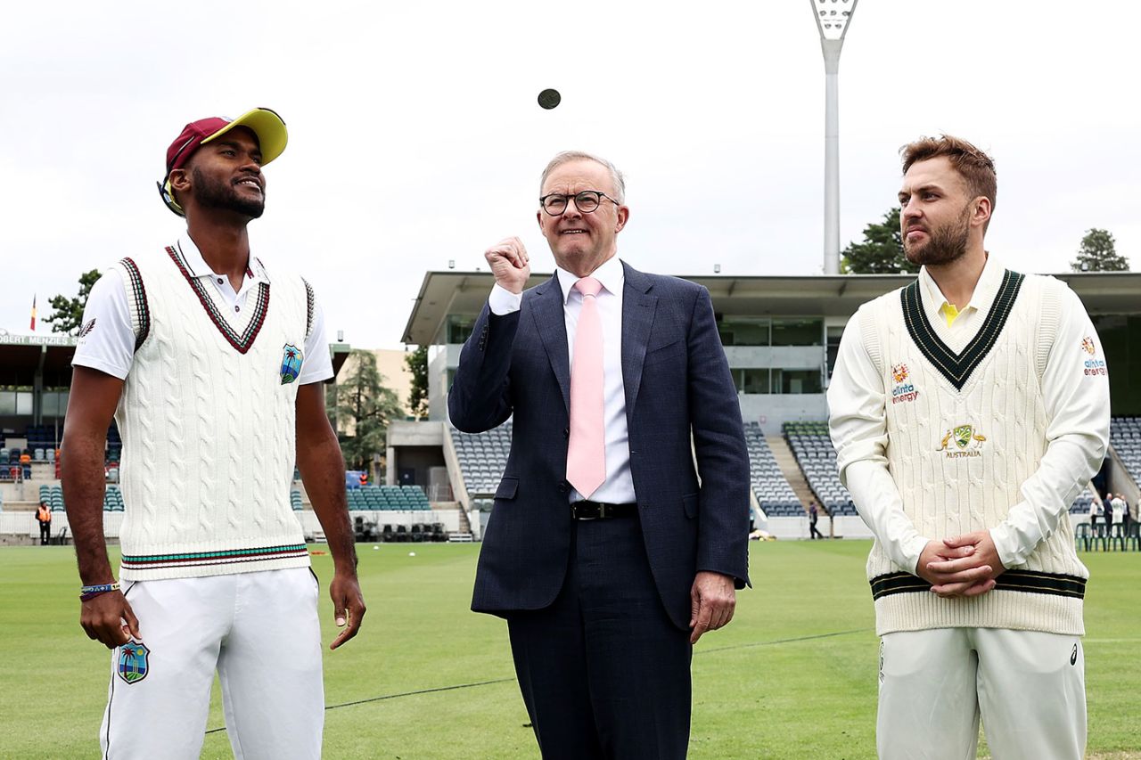 Australia Prime Minister Anthony Albanese tosses the coin alongside Kraigg Brathwaite and Josh Inglis, Prime Minister's XI vs West Indies, Tour match, Canberra, November 23, 2022
