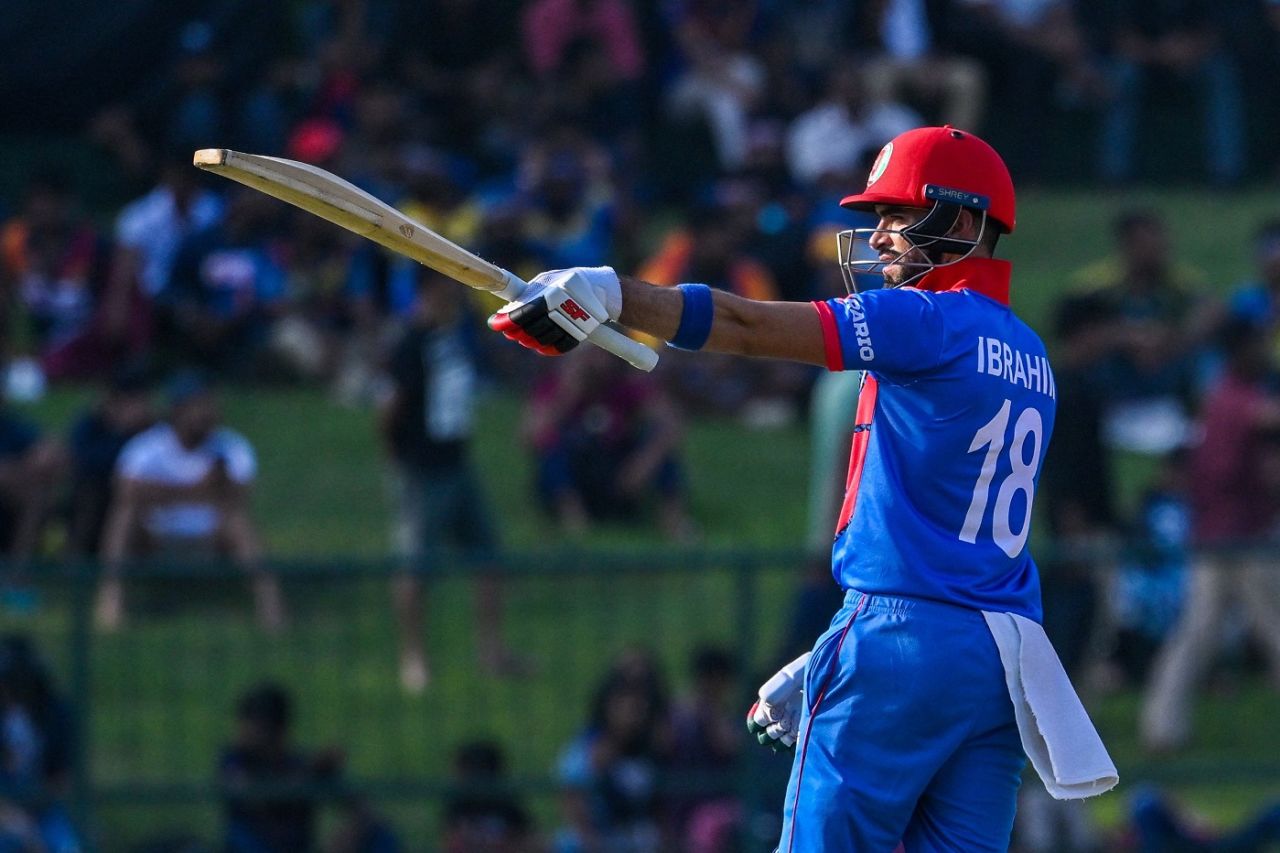 Ibrahim Zadran raises his bat after his half-century, Sri Lanka vs Afghanistan, 1st men's ODI, Pallekele, November 25, 2022