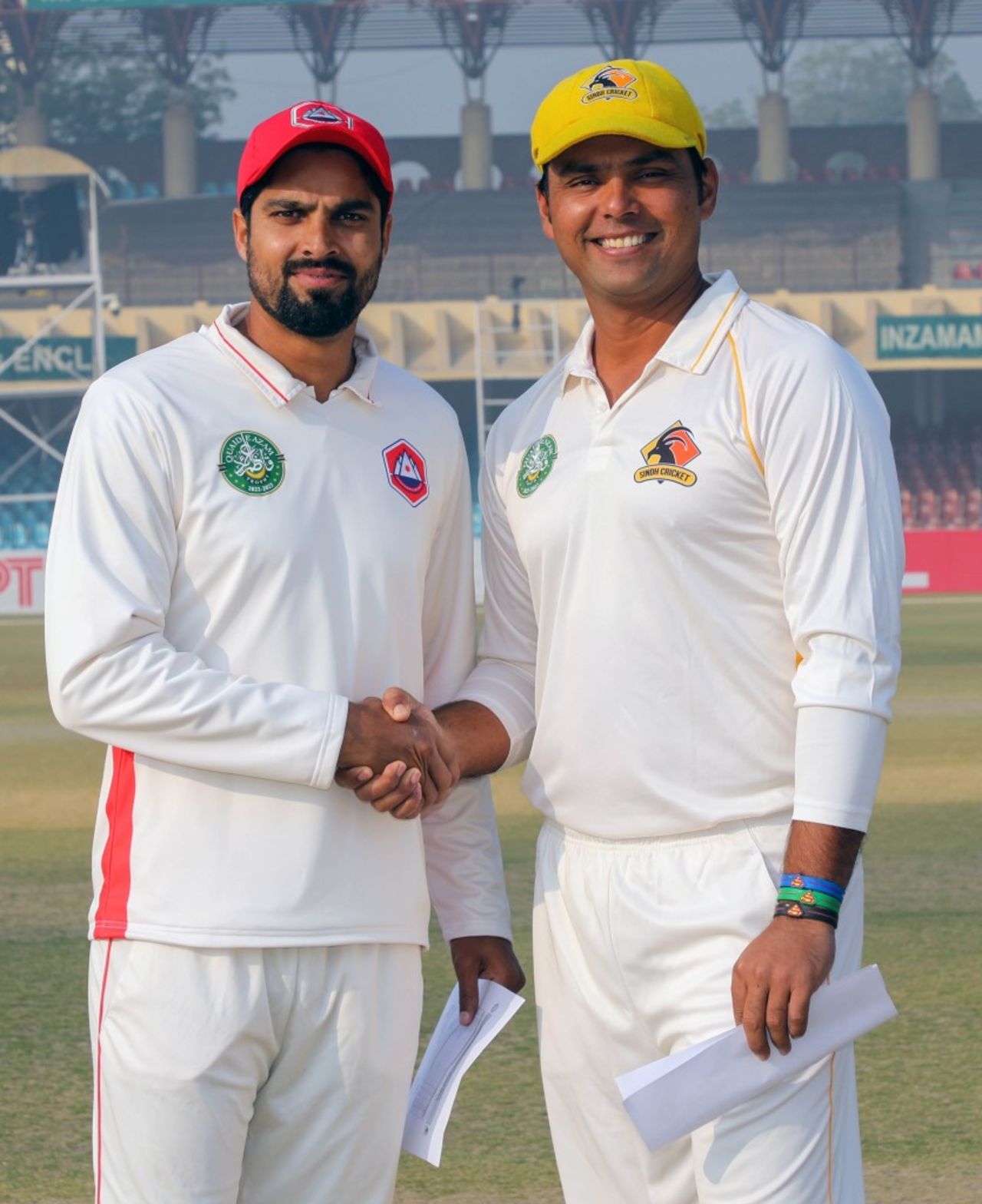 Umar Amin and Khurram Manzoor, the two captains, at the toss, Sindh vs Northern, Quaid-e-Azam Trophy, final, 1st day, Lahore, November 26, 2022