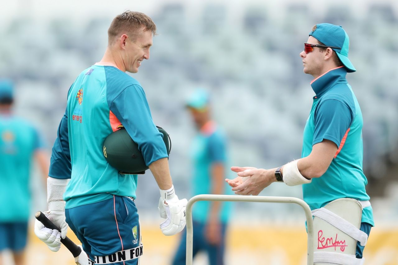Marnus Labuschagne and Steve Smith have a chat during Australia's training, Perth, November 26, 2022