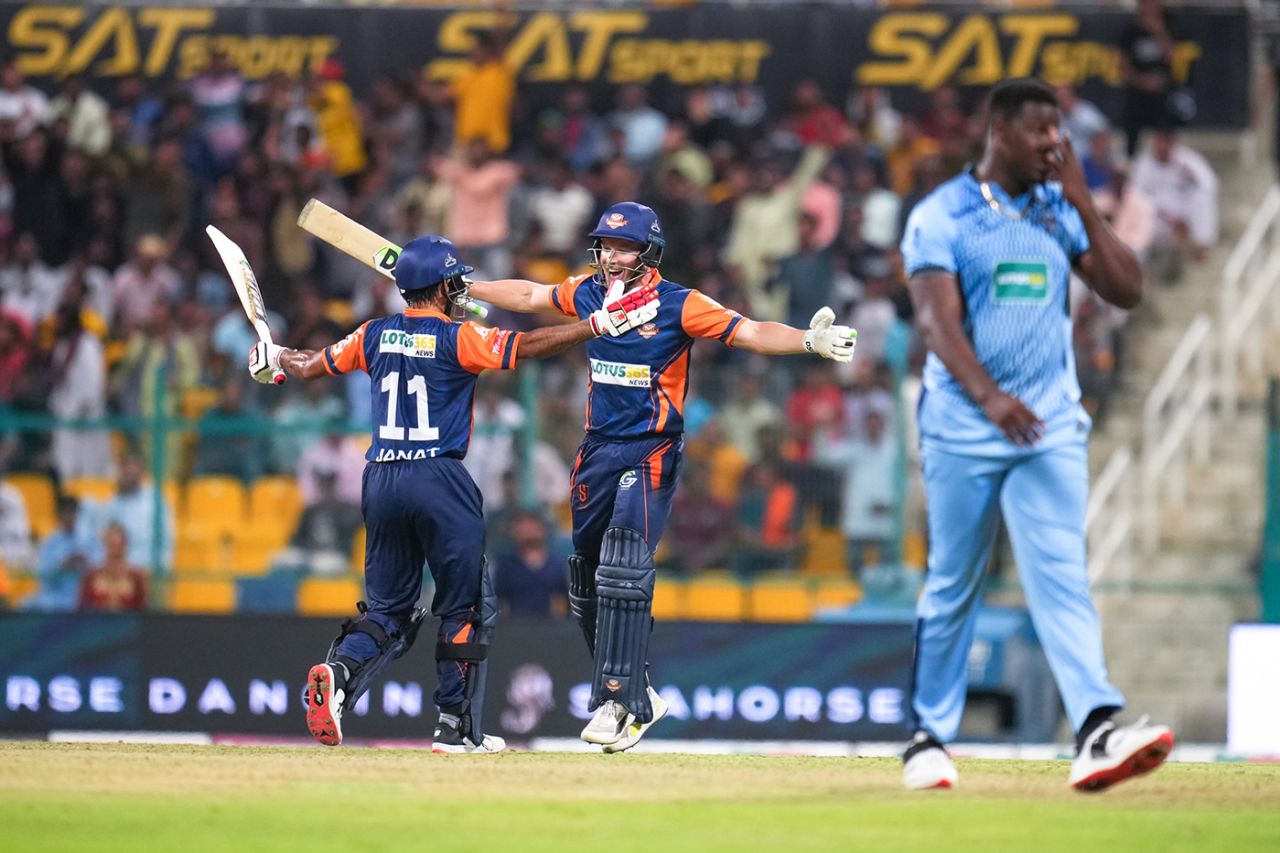 Karim Janat and David Miller celebrate victory, Morrisville Samp Army vs Chennai Braves, Abu Dhabi T10, November 27, 2022