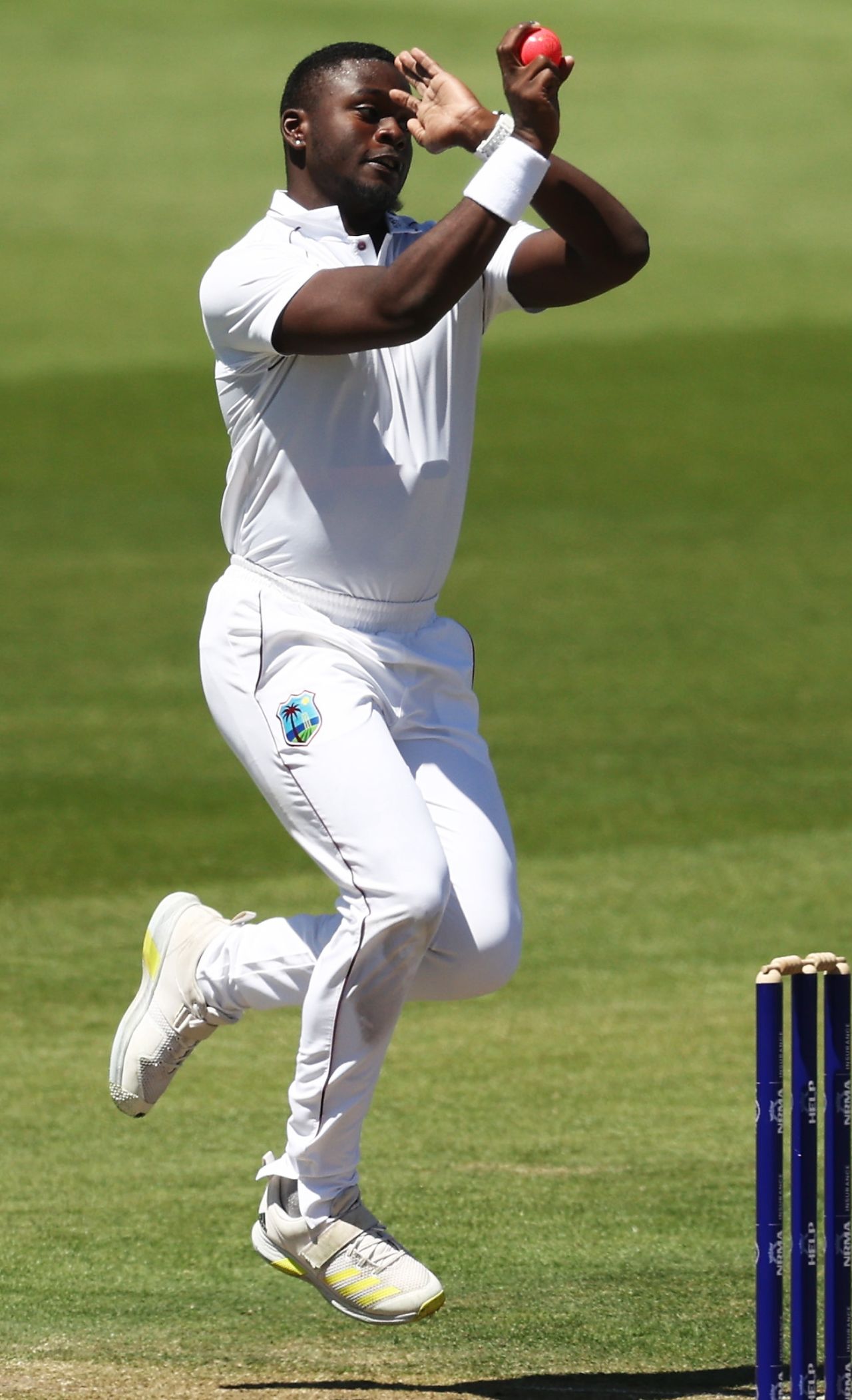 Jayden Seales bowls during West Indies' tour match against Prime Minister's XI, Canberra, November 25, 2022