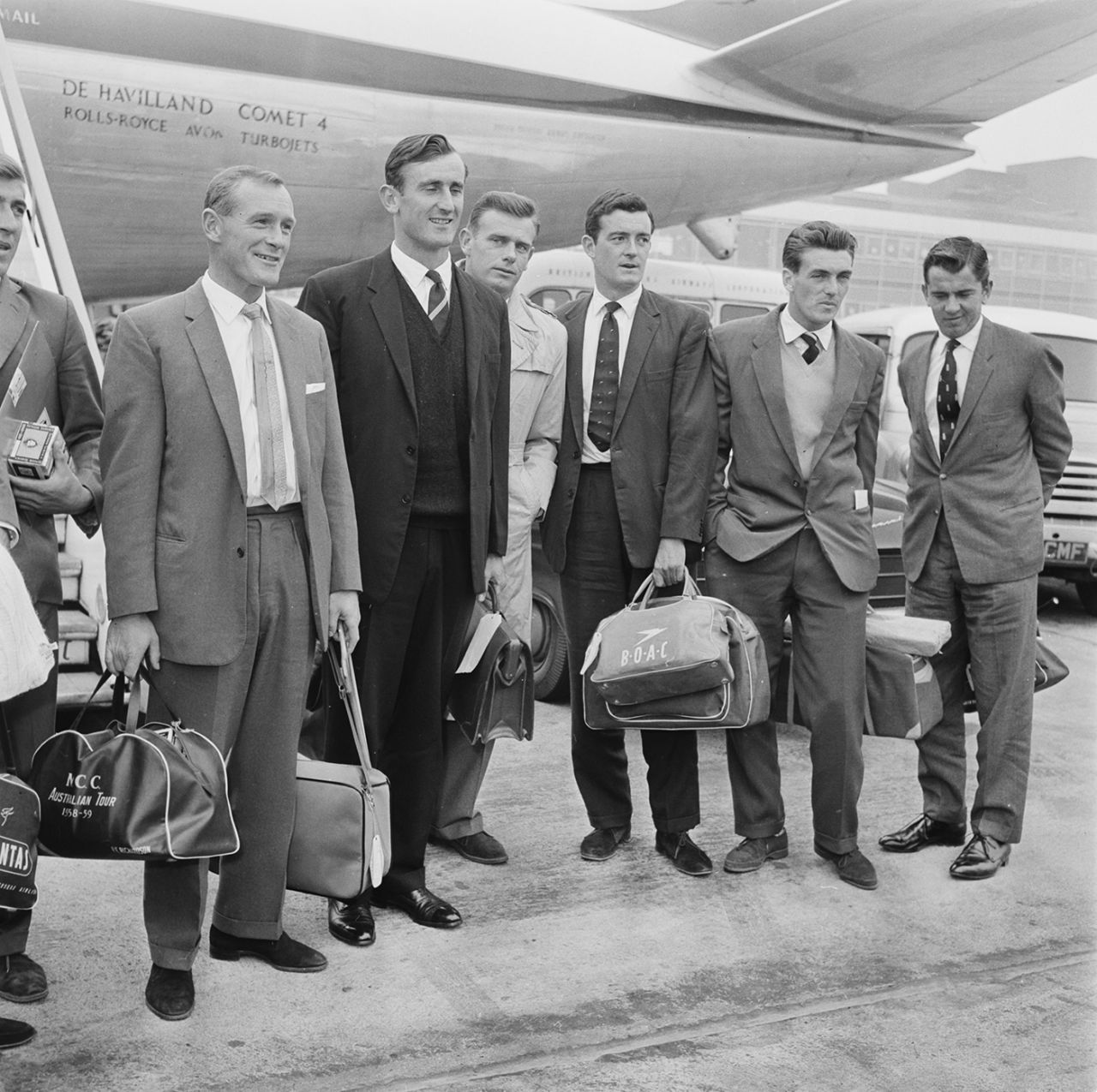 Ted Dexter, Peter Richardson, Geoff Pullar, and David Allen on England's return from Pakistan, London, February 22, 1962