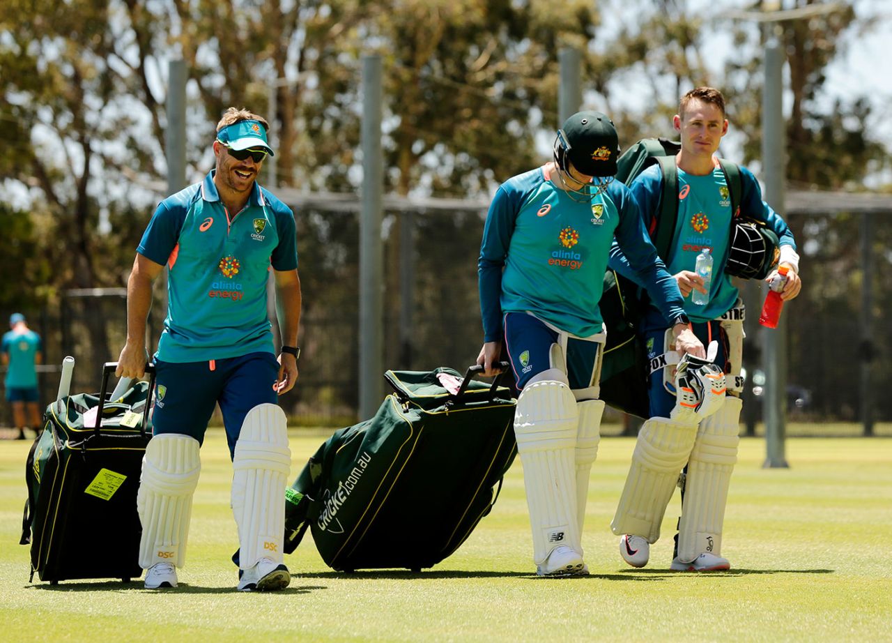 Top-order chat? David Warner, Steven Smith and Marnus Labuschagne at training, Perth, November 29, 2022