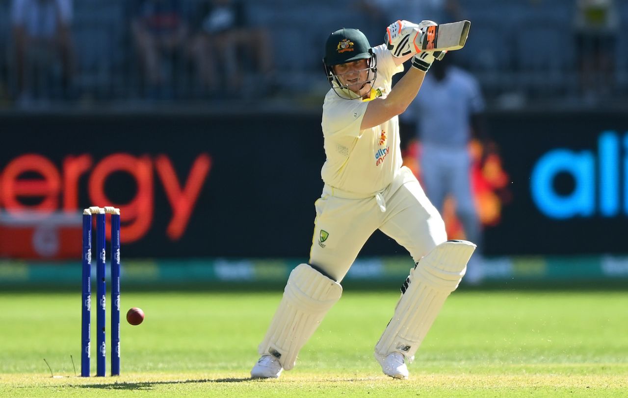 Steve Smith drives the ball through cover, Australia vs West Indies, 1st Test, Perth, 1st Day, November 30, 2022
