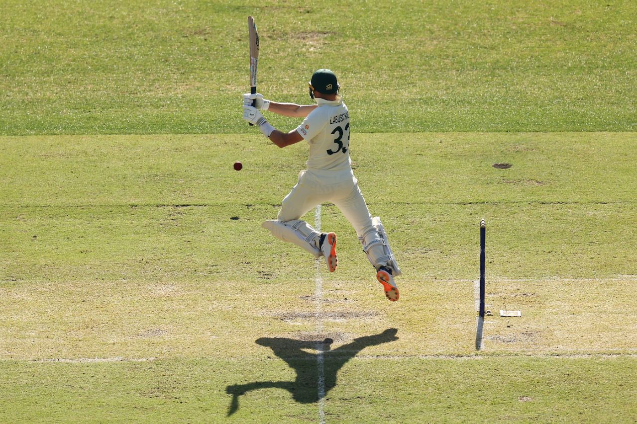 Marnus Labuschagne jumps over to get under the ball, Australia vs West Indies, 1st Test, Perth, 1st Day, November 30, 2022
