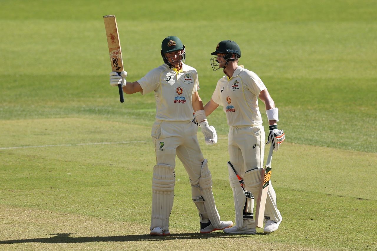 Steve Smith congratulates Marnus Labuschagne on his century, Australia vs West Indies, 1st Test, Perth, 1st Day, November 30, 2022
