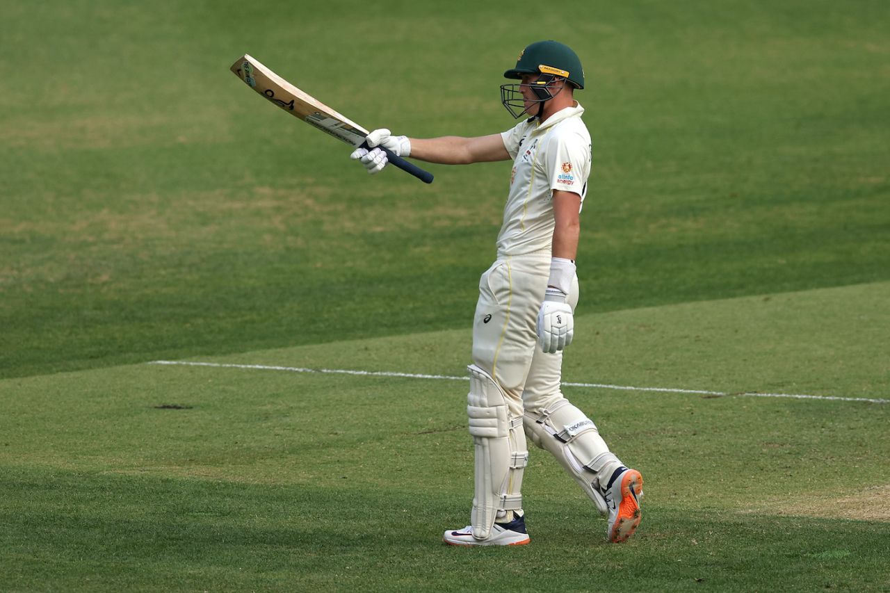 Marnus Labuschagne raises his bat upon reaching 150, Australia vs West Indies, 1st Test, Perth, 1st Day, November 30, 2022
