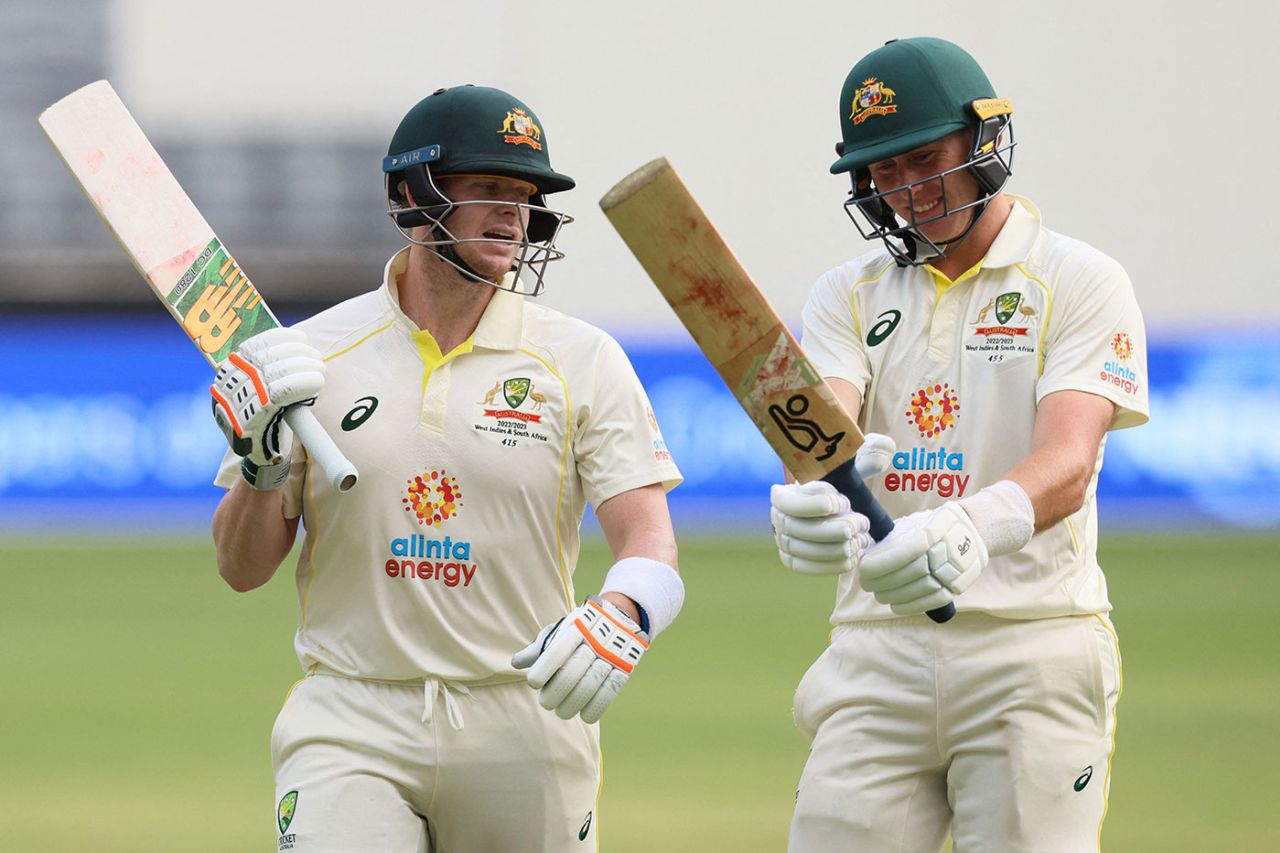 Steve Smith and Marnus Labuschagne walk off after the first day, Australia vs West Indies, 1st Test, Perth, 1st Day, November 30, 2022