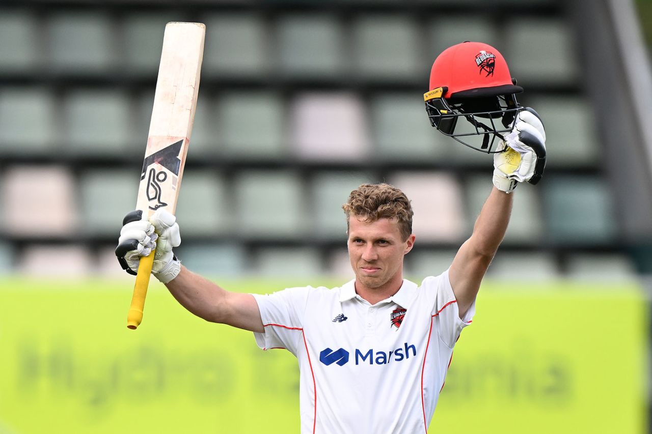 Nathan McSweeney celebrates his hundred, Tasmania vs South Australia, Sheffield Shield, Hobart, December 1, 2022