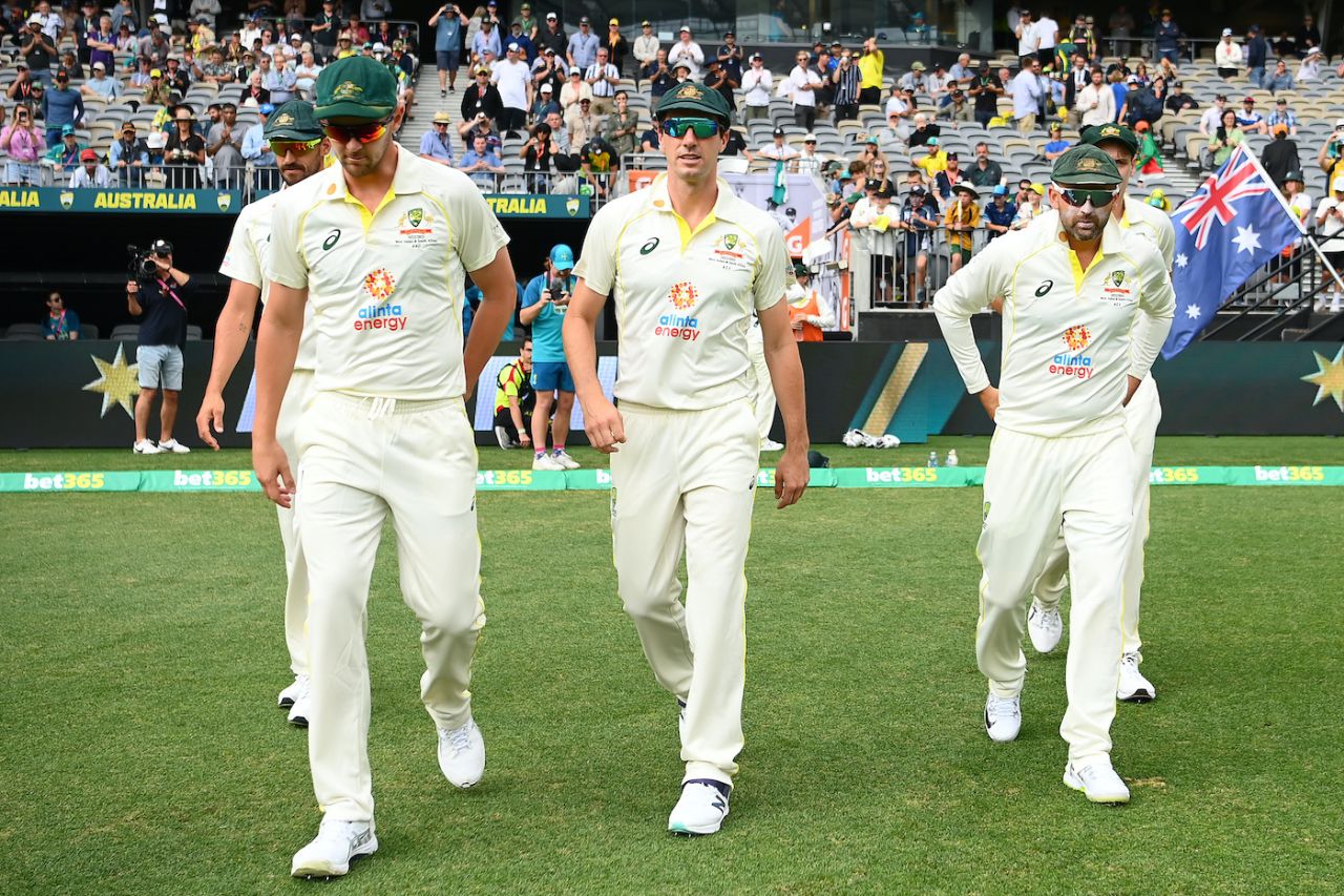 Pat Cummins, Mitchell Starc, Nathan Lyon, and Josh Hazlewood make their way out to the middle, Australia vs West Indies, 1st Test, Perth, 2nd Day, December 1, 2022