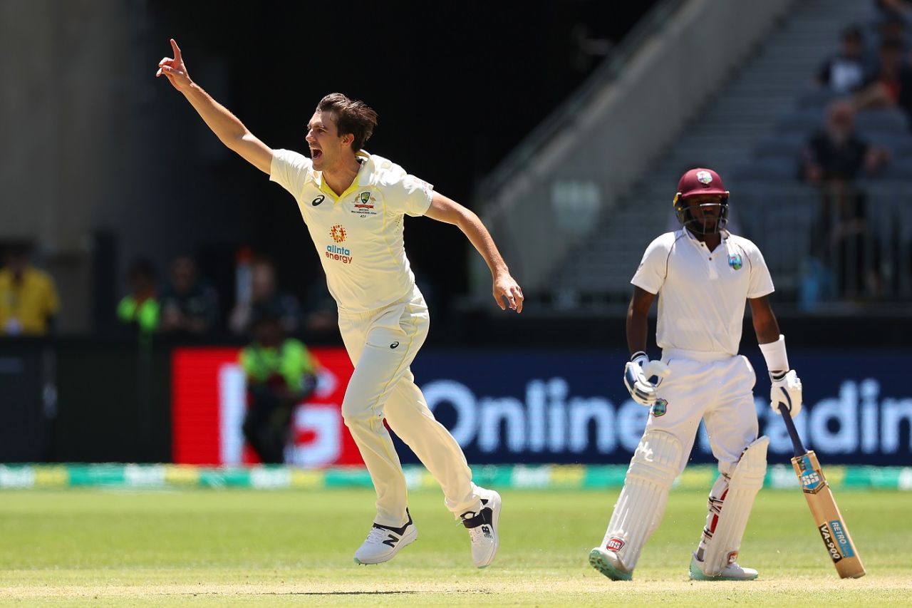 Pat Cummins wheels away after bagging his 200th Test wicket, Australia vs West Indies, 1st Test, Perth, 3rd day, December 2, 2022
