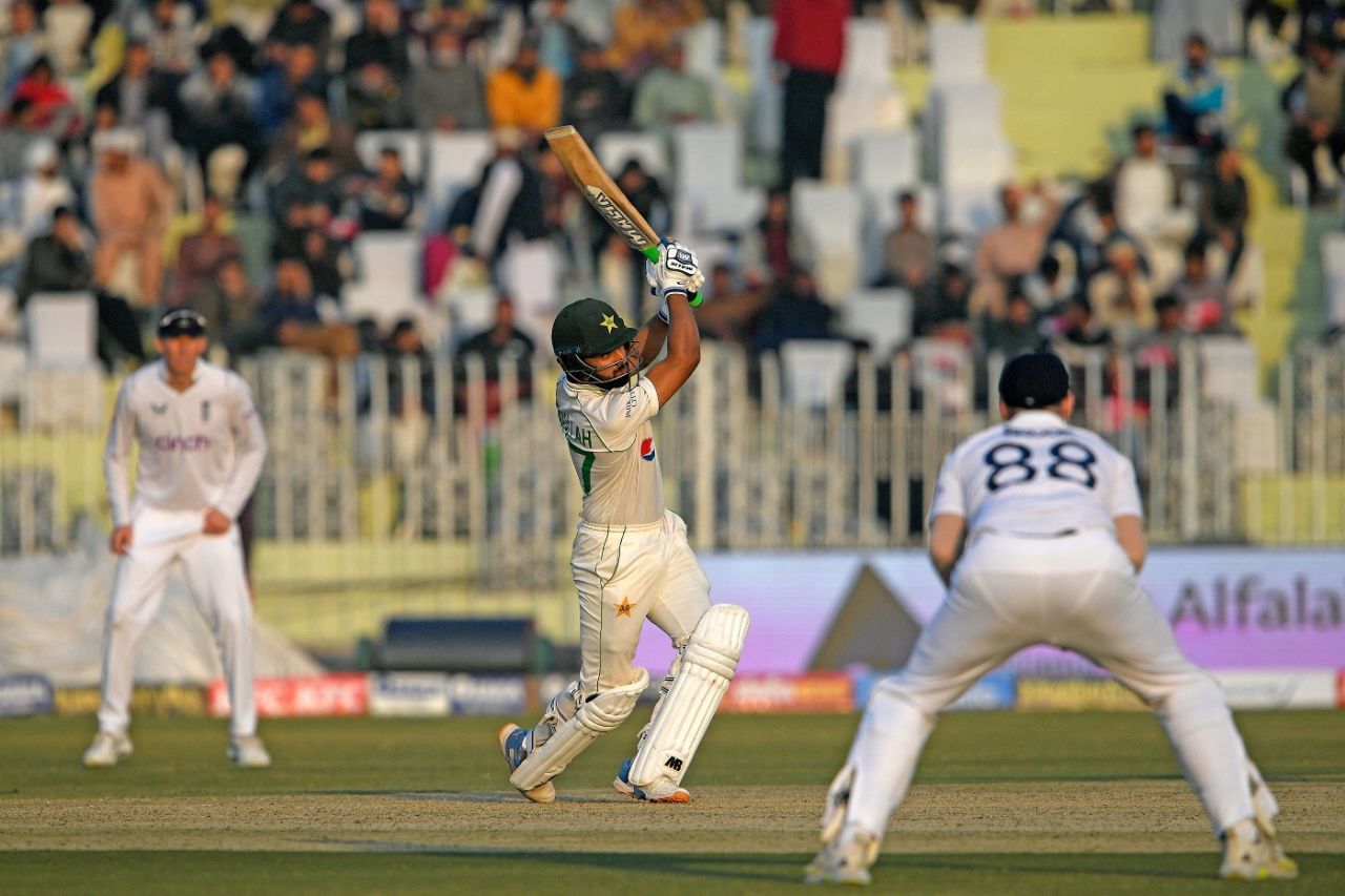 Abdullah Shafique drives down the ground during his century, Pakistan vs England, 1st Test, Rawalpindi, 3rd day, December 3, 2022