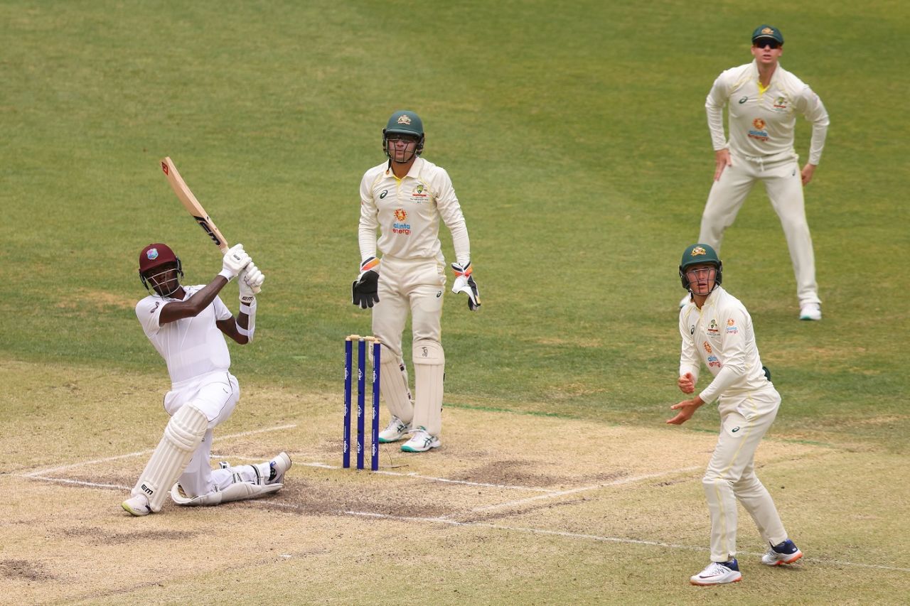 Alzarri Joseph muscles a slog-sweep for six, Australia vs West Indies, 1st Test, Perth, 5th day, December 4, 2022
