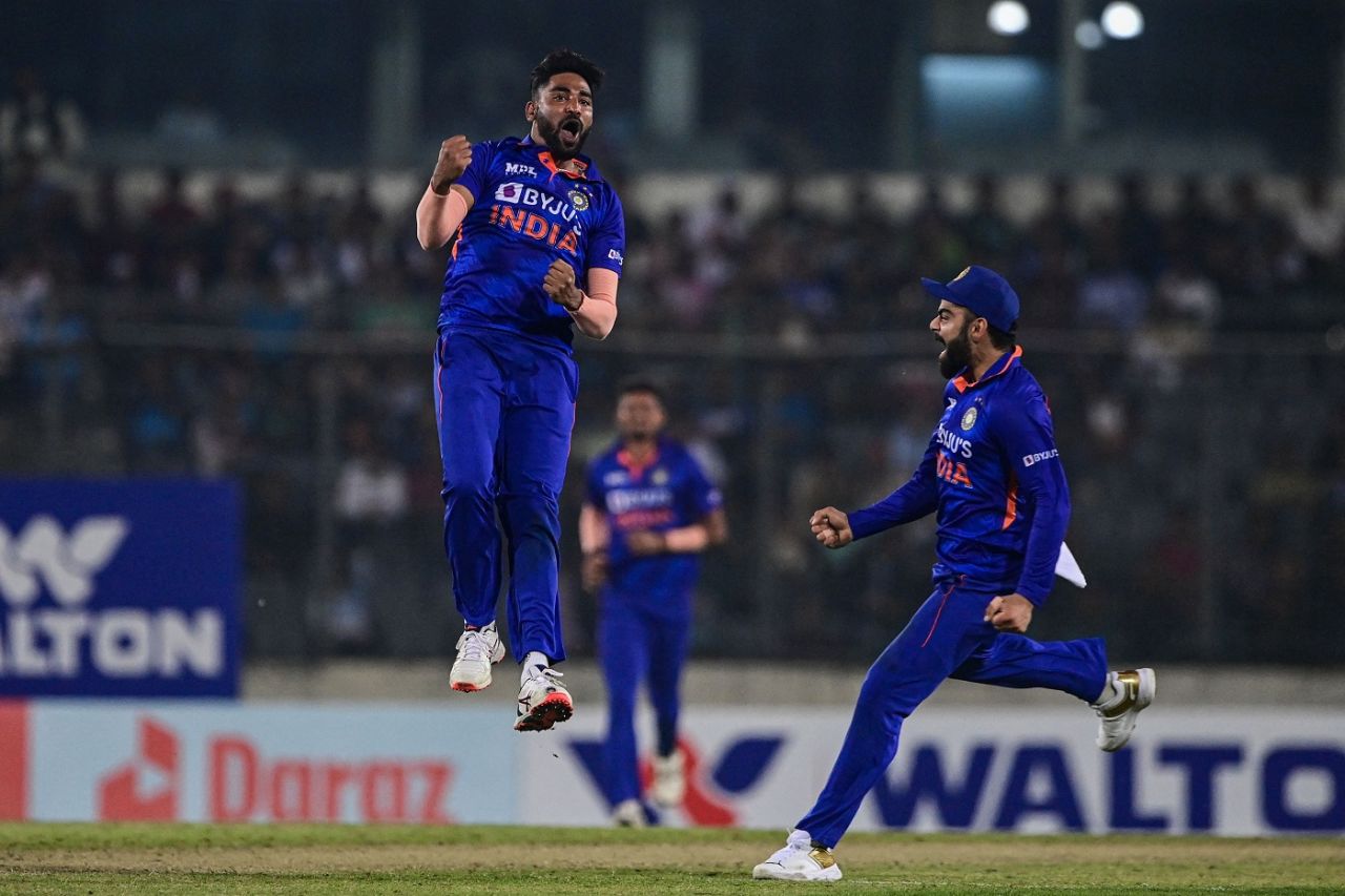 Mohammed Siraj leaps in celebration after castling Mushfiqur Rahim, Bangladesh vs India, 1st ODI, Dhaka, December 4, 2022