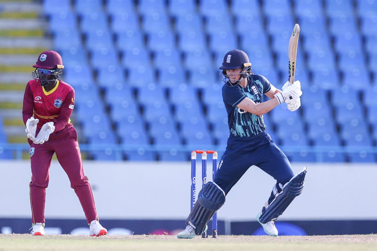 Amy Jones watches one run away to the off side on her way to fifty, West Indies Women vs England Women, 2nd ODI, Antigua, December 6, 2022