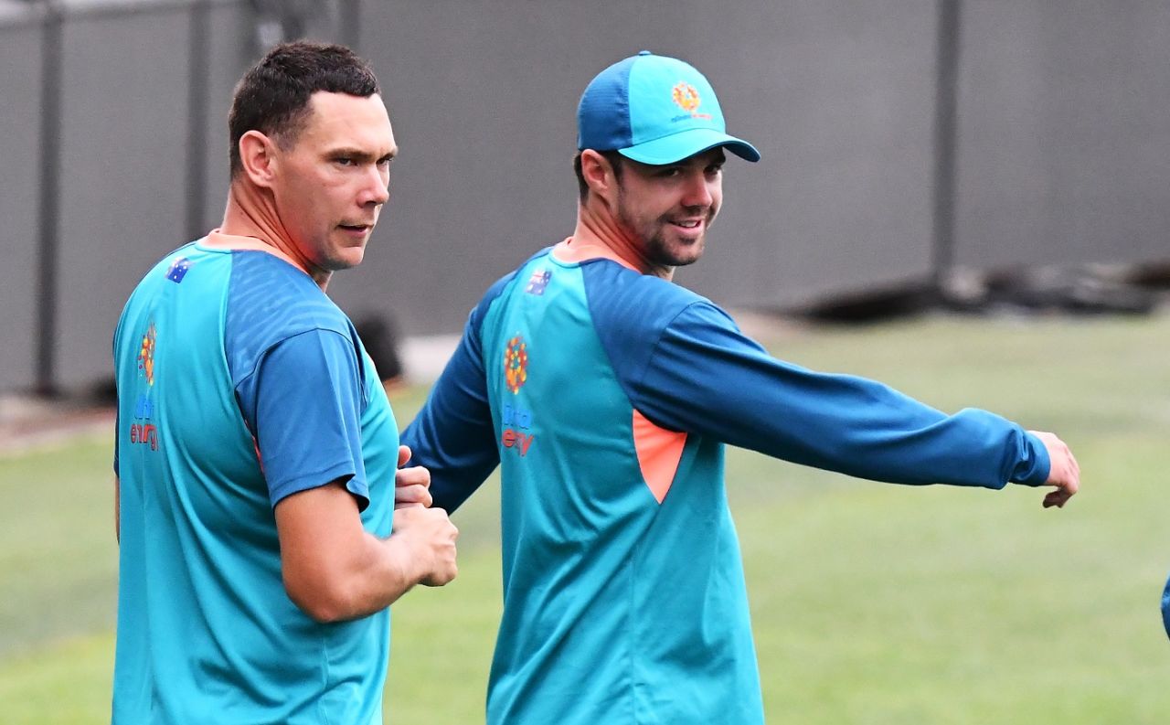 Scott Boland and Travis Head at a training session, Adelaide, December 7, 2022